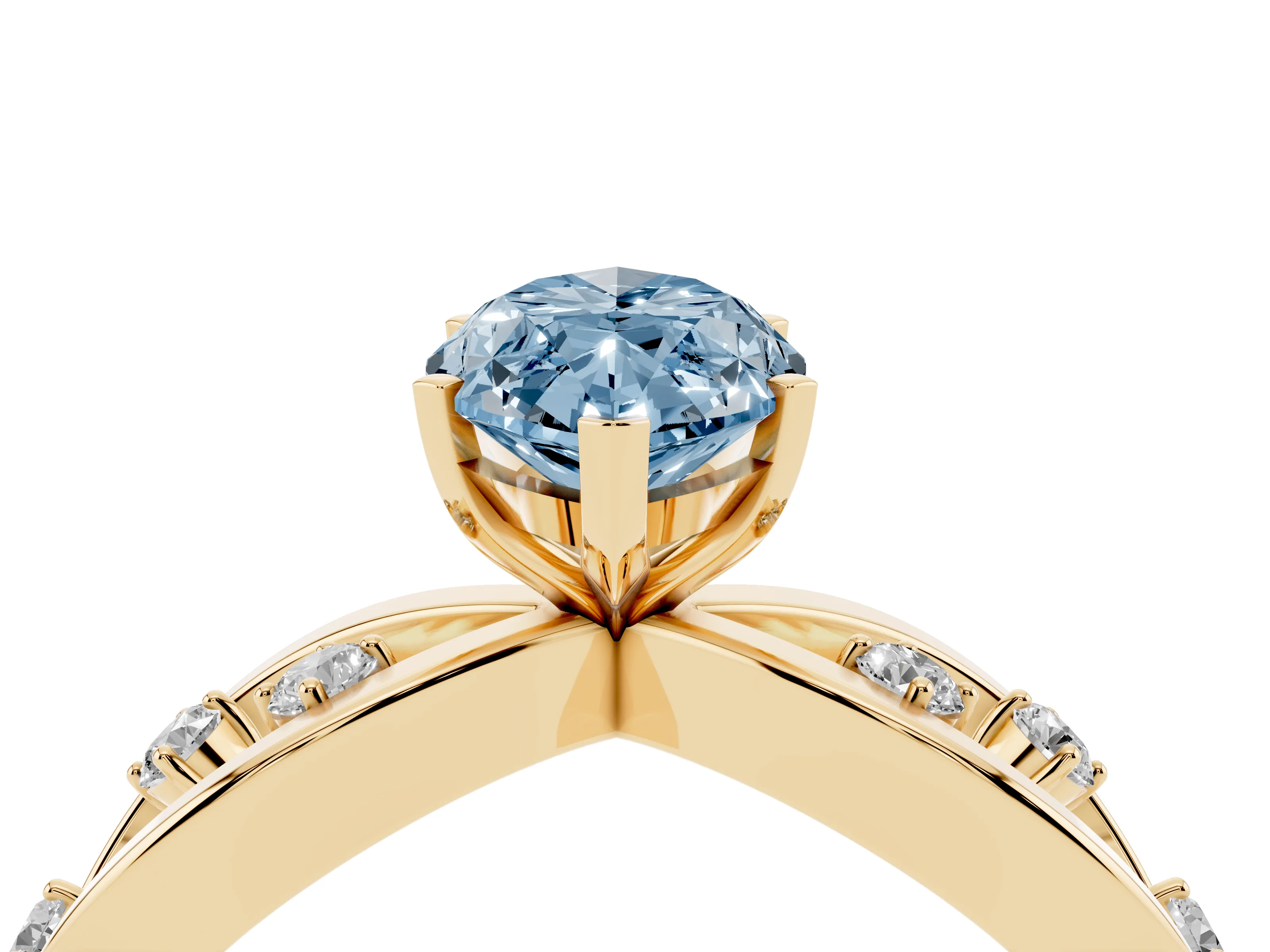 Fancy Blue Marquise Cut Diamond Solitaire Ring Set in Yellow gold with Side Stones on Criss-Cross Band and Prong Setting