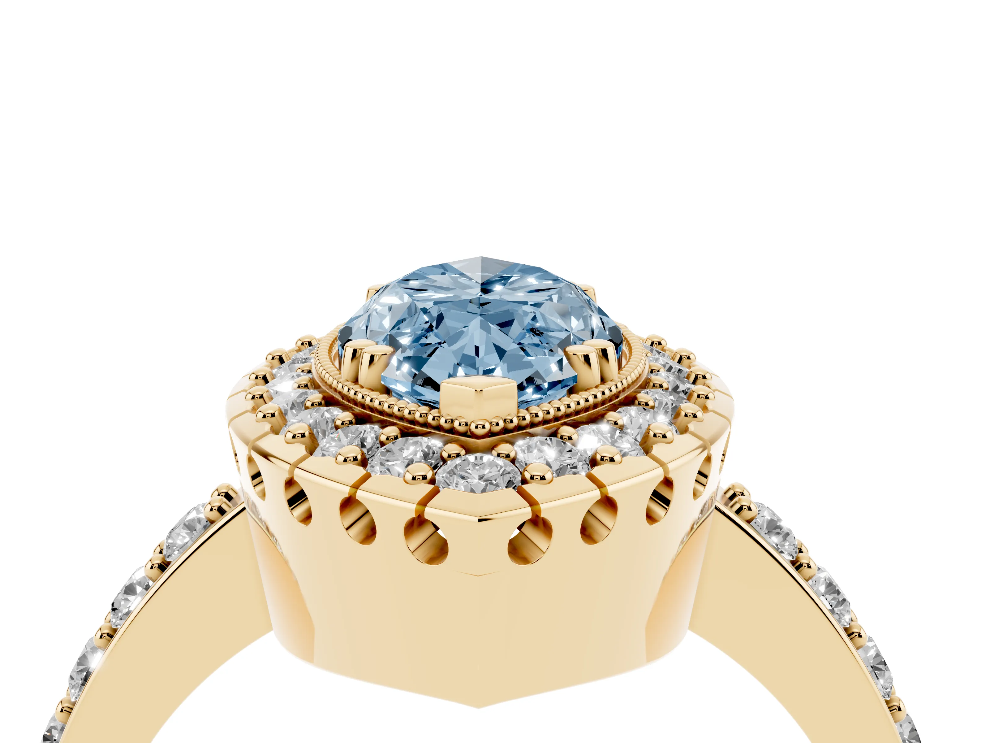 Fancy Blue Marquise Cut Diamond Halo Ring Set in Yellow gold with Pavé Shank and Prong Setting