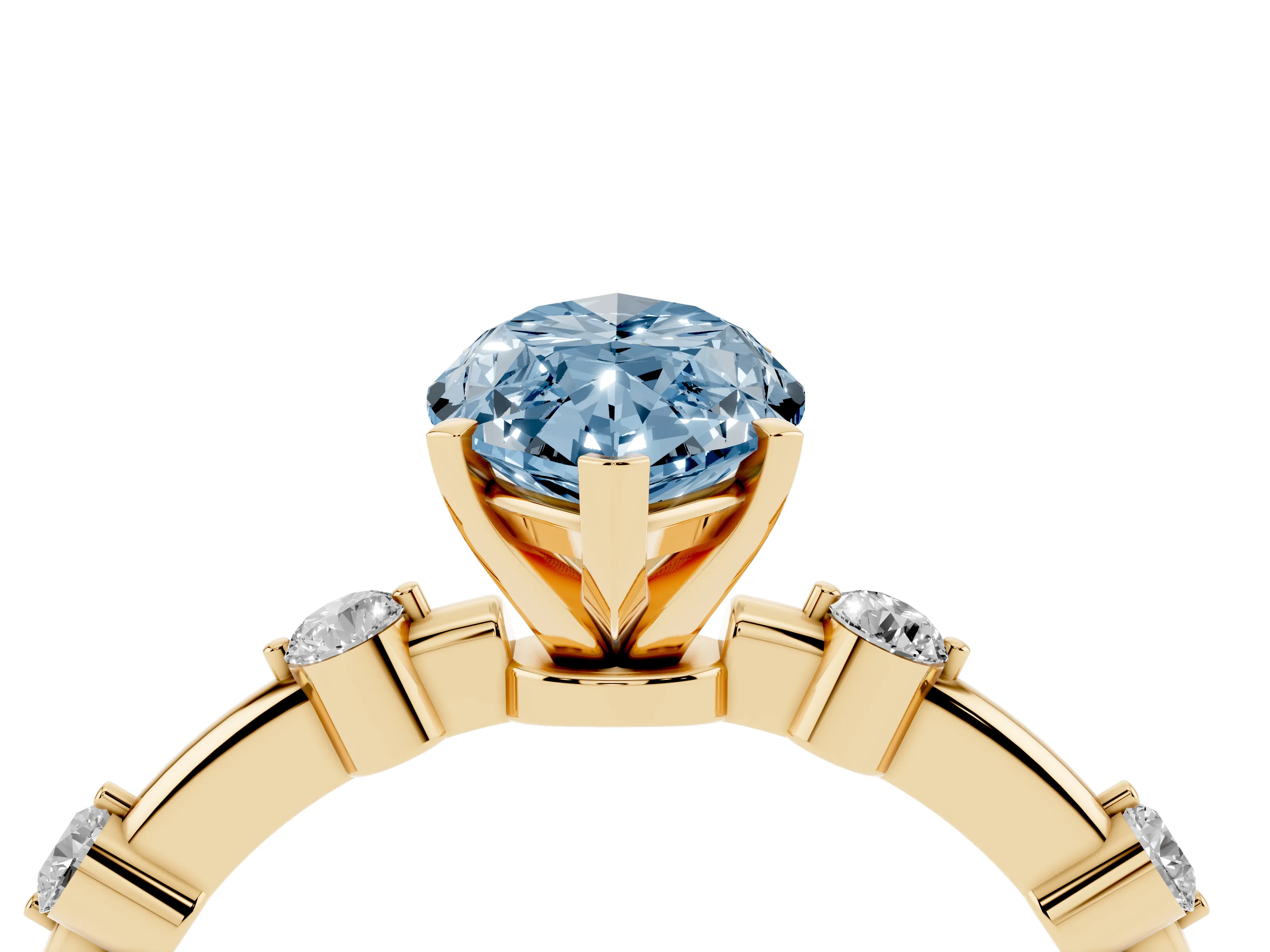 Fancy Blue Marquise Cut Diamond Solitaire Ring Set in Yellow gold with Bezel Set Side Stones and Prong Setting