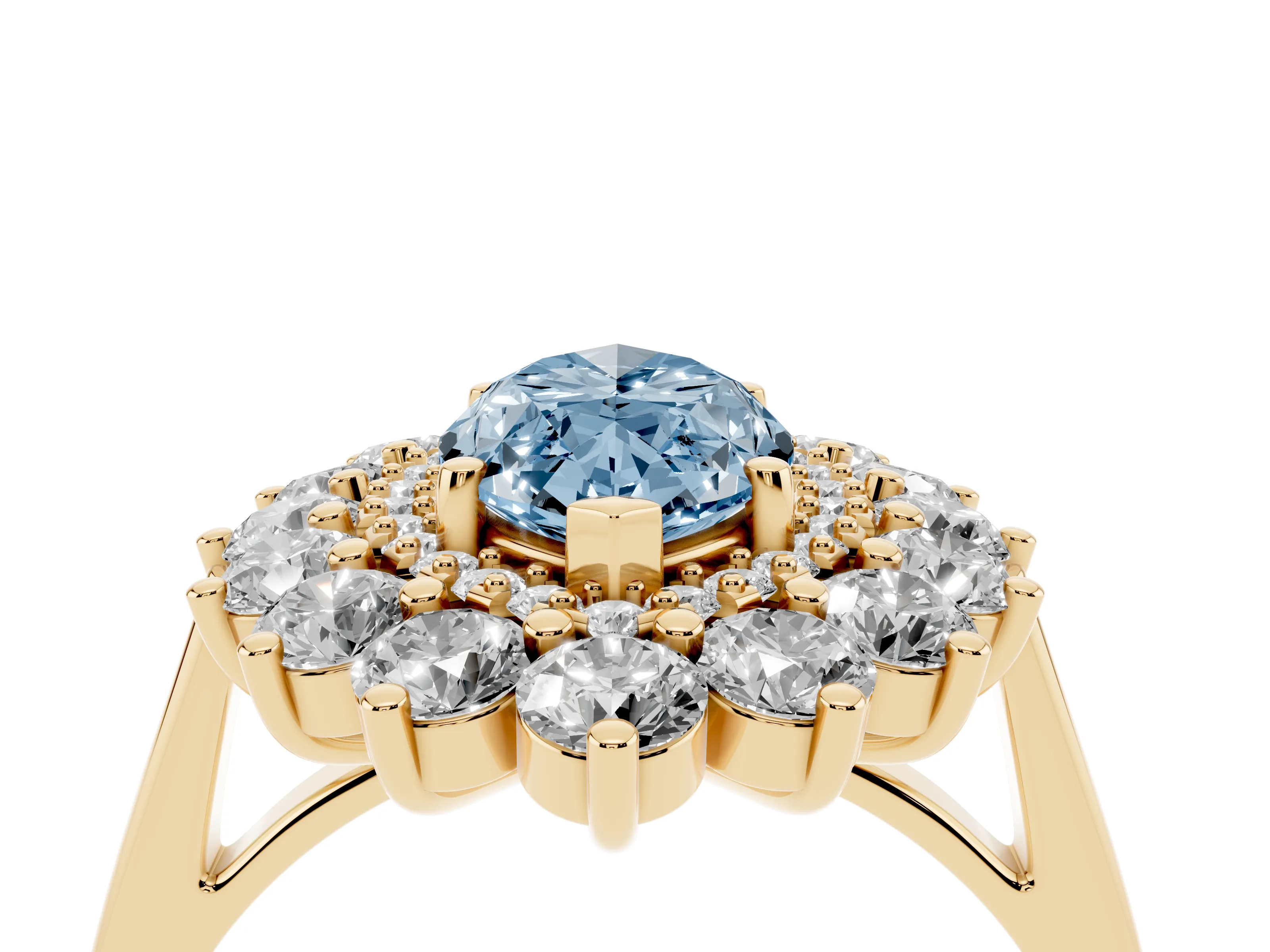Fancy Blue Marquise Cut Diamond Floral Double Halo Ring Set in Yellow gold with Round Petals