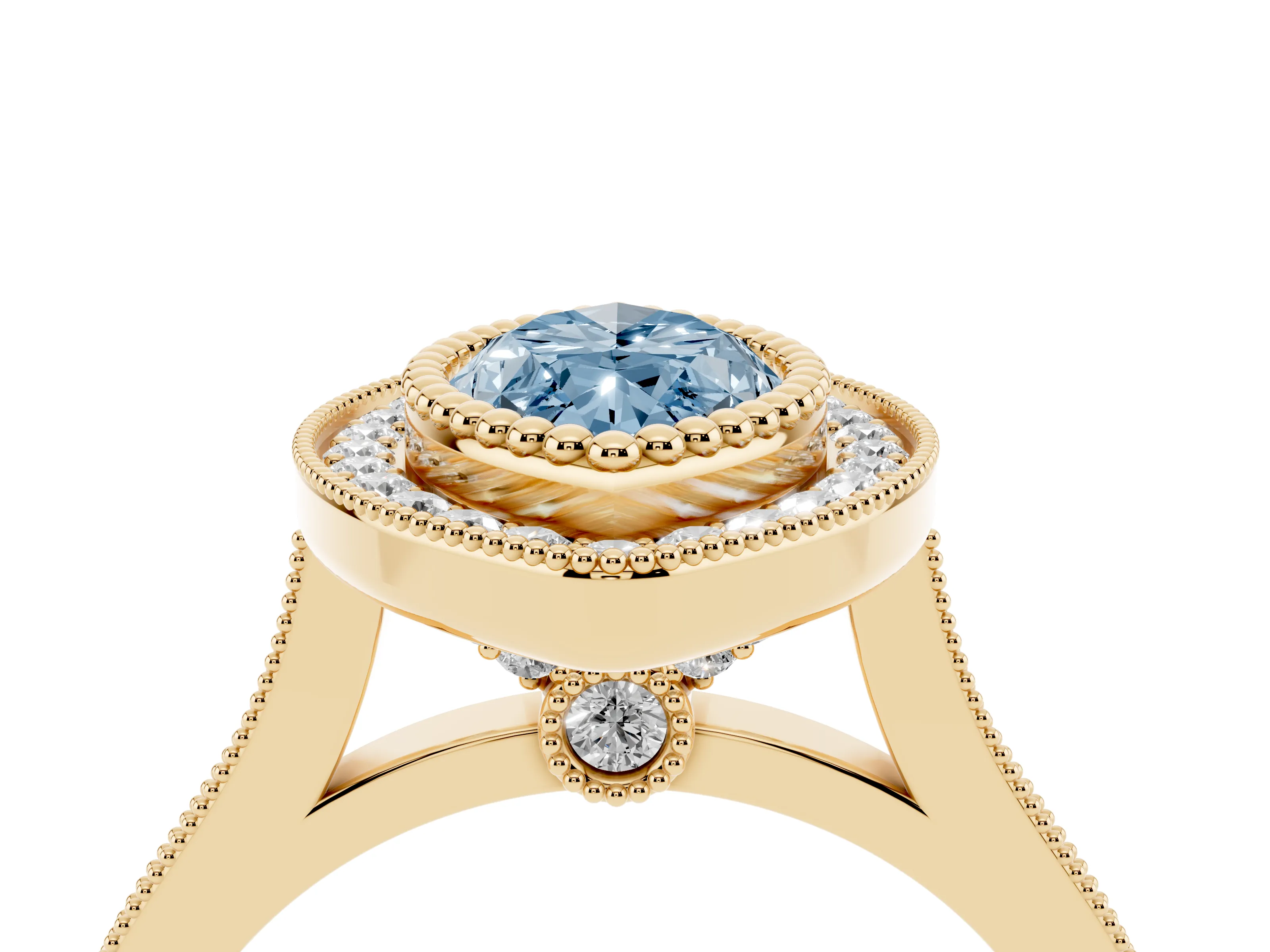 Fancy Blue Marquise Cut Diamond Halo Ring Set in Yellow gold with Milgrain Frame and Pavé Band