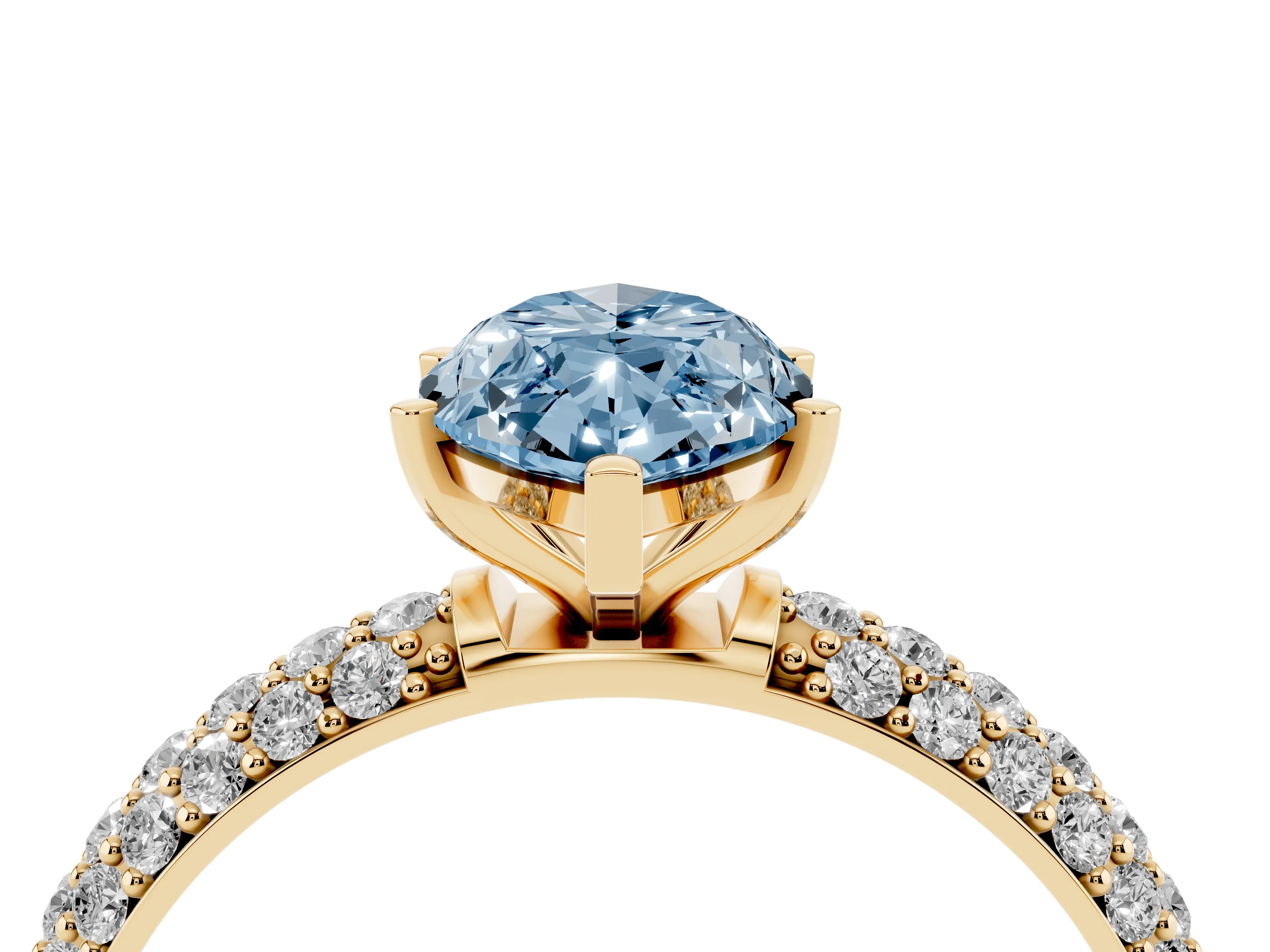 Fancy Blue Marquise Cut Diamond Solitaire Ring Set in Yellow gold with Prong Setting and Pavé-Set Band