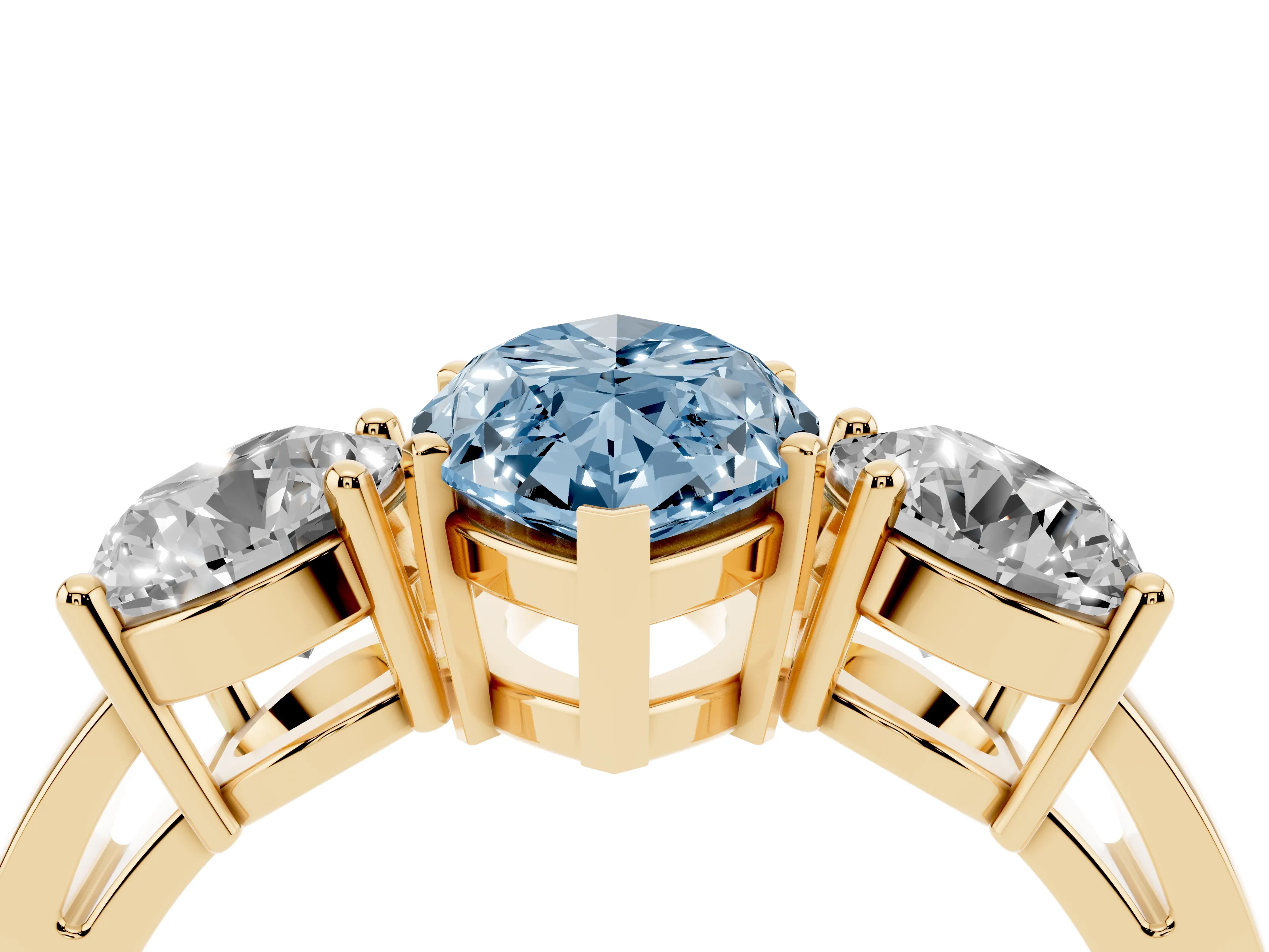 Fancy Blue Marquise Cut Diamond Three-Stone Ring Set in Yellow gold with Round Side Stones and Classic Band