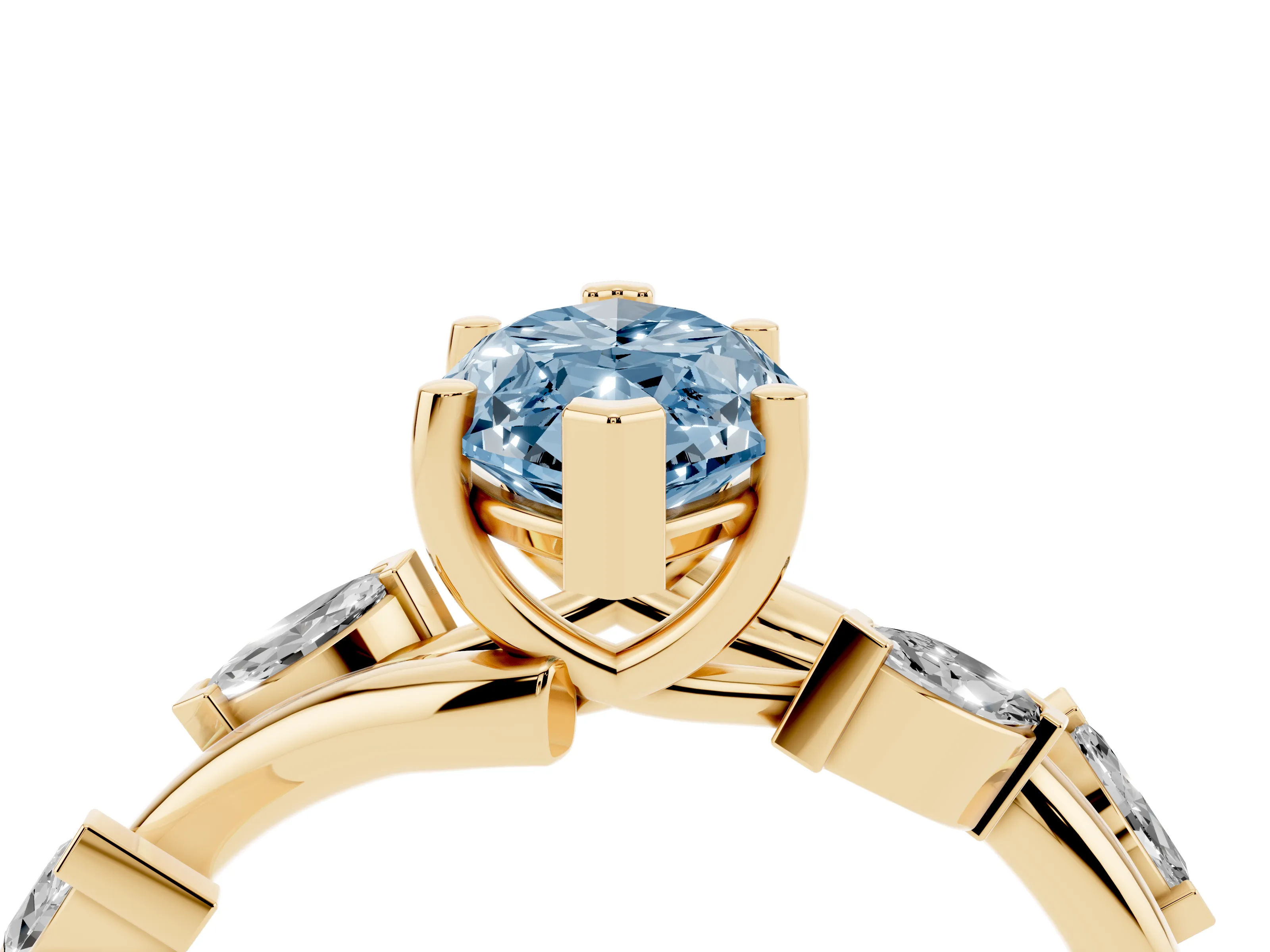 Fancy Blue Marquise Cut Diamond Solitaire Ring Set in Yellow gold with Twisted Marquise Accent Band