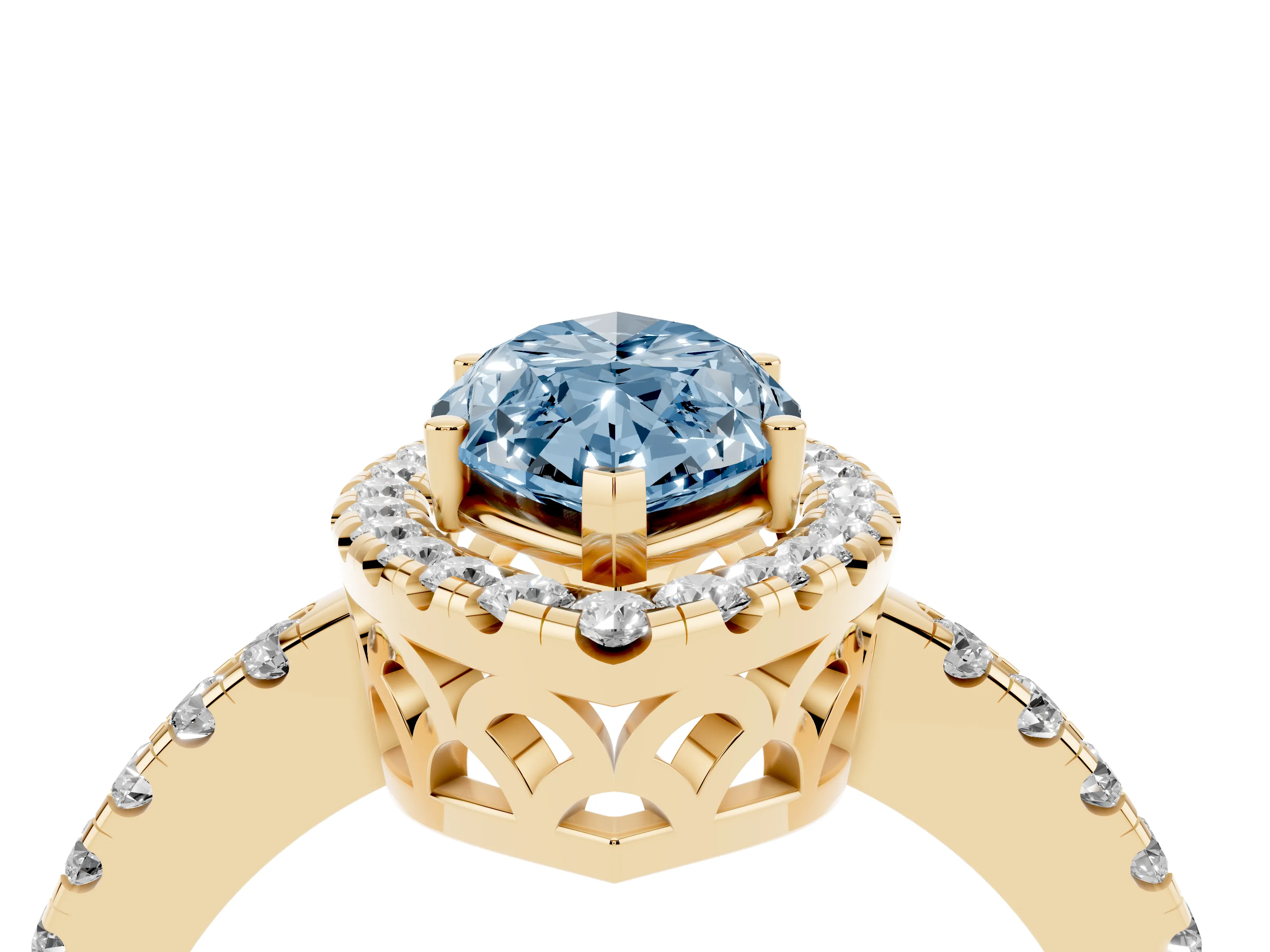 Fancy Blue Marquise Cut Diamond Pavé Band Halo Engagement Ring Set in Yellow gold with Prong Setting