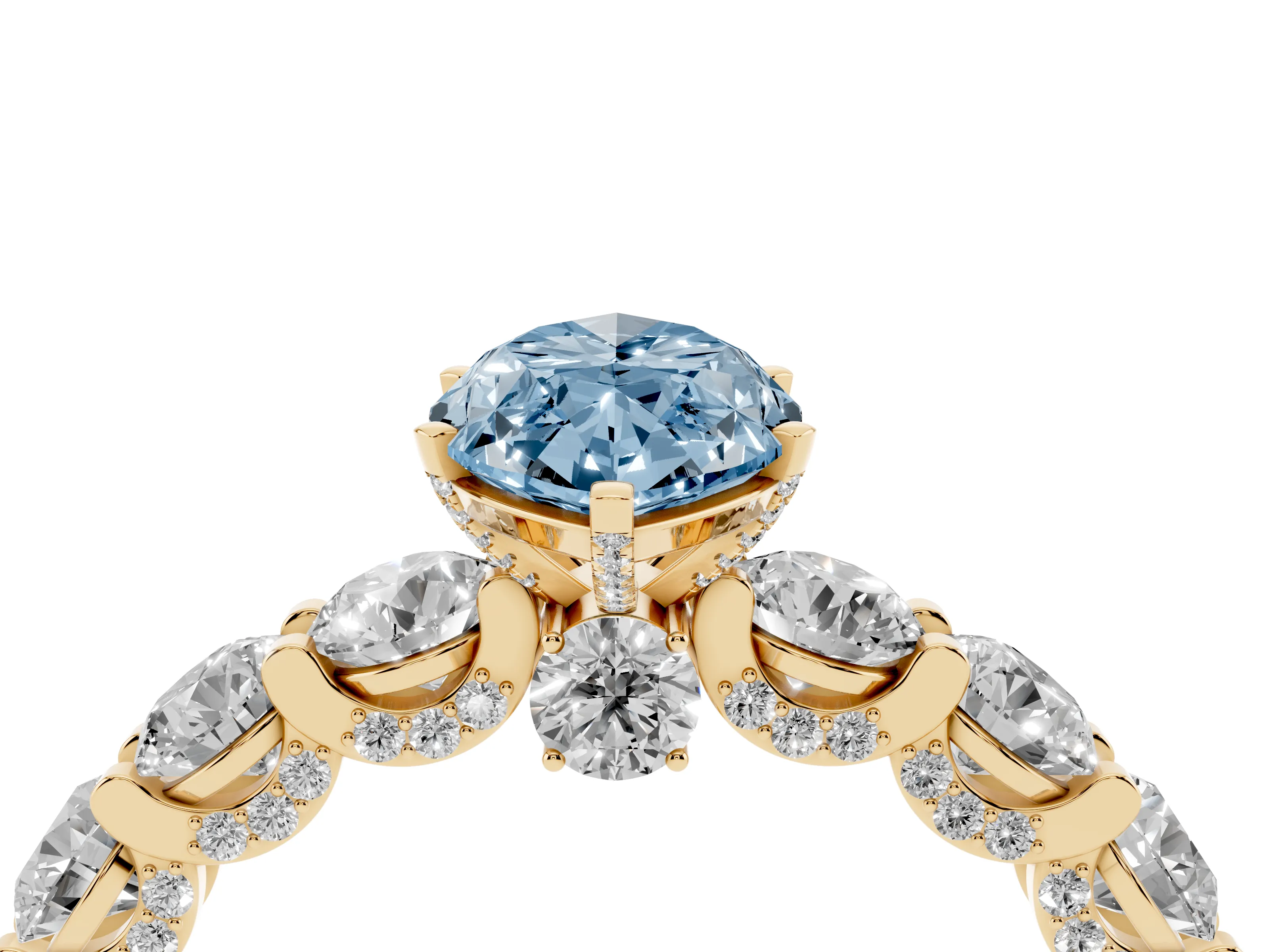 Fancy Blue Marquise Cut Diamond Side Stone Ring Set in Yellow gold with Alternating Round and Oval Side Stones