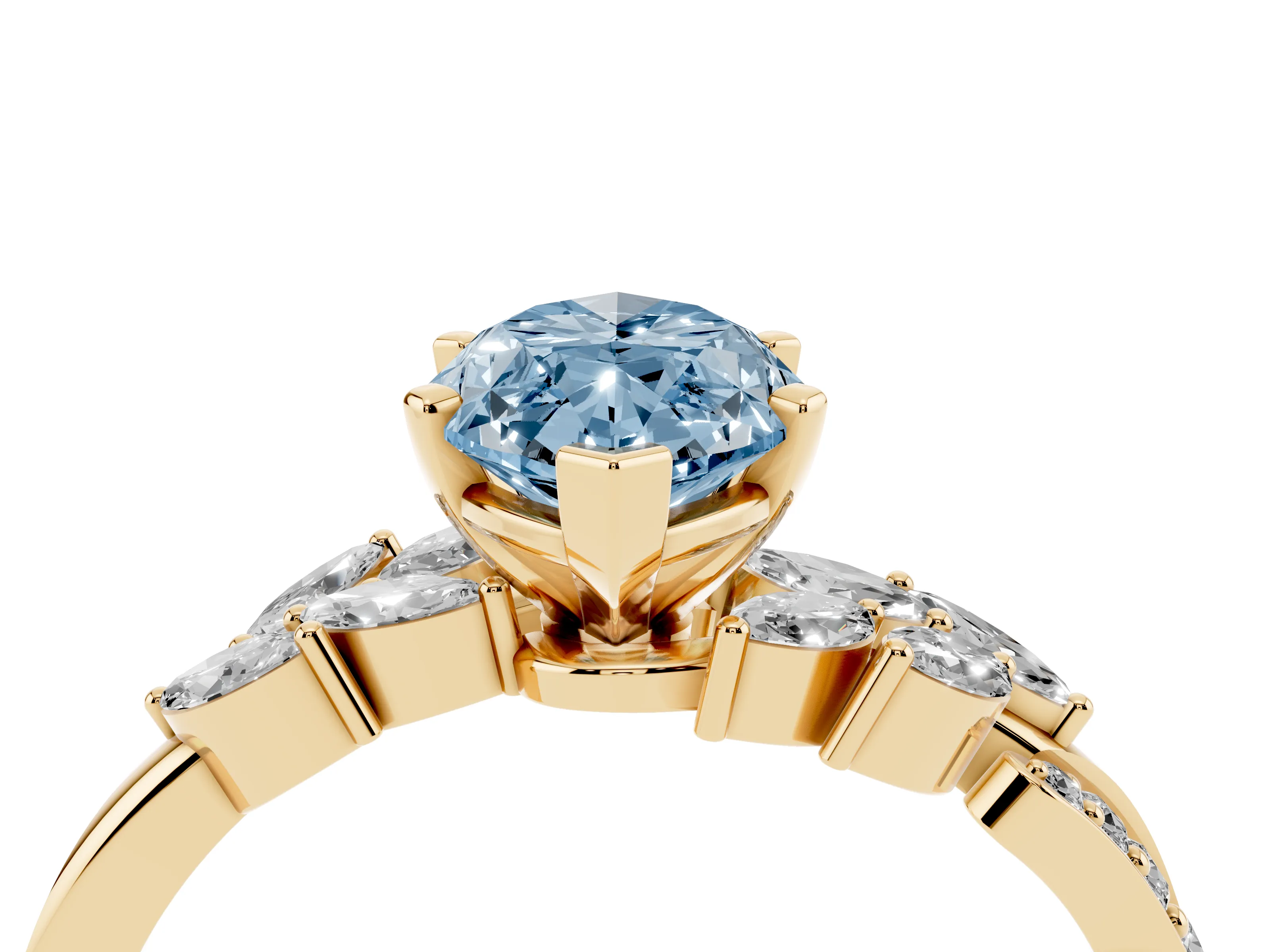 Fancy Blue Marquise Cut Diamond Solitaire Ring Set in Yellow gold with Marquise Twist Band and Prong Setting