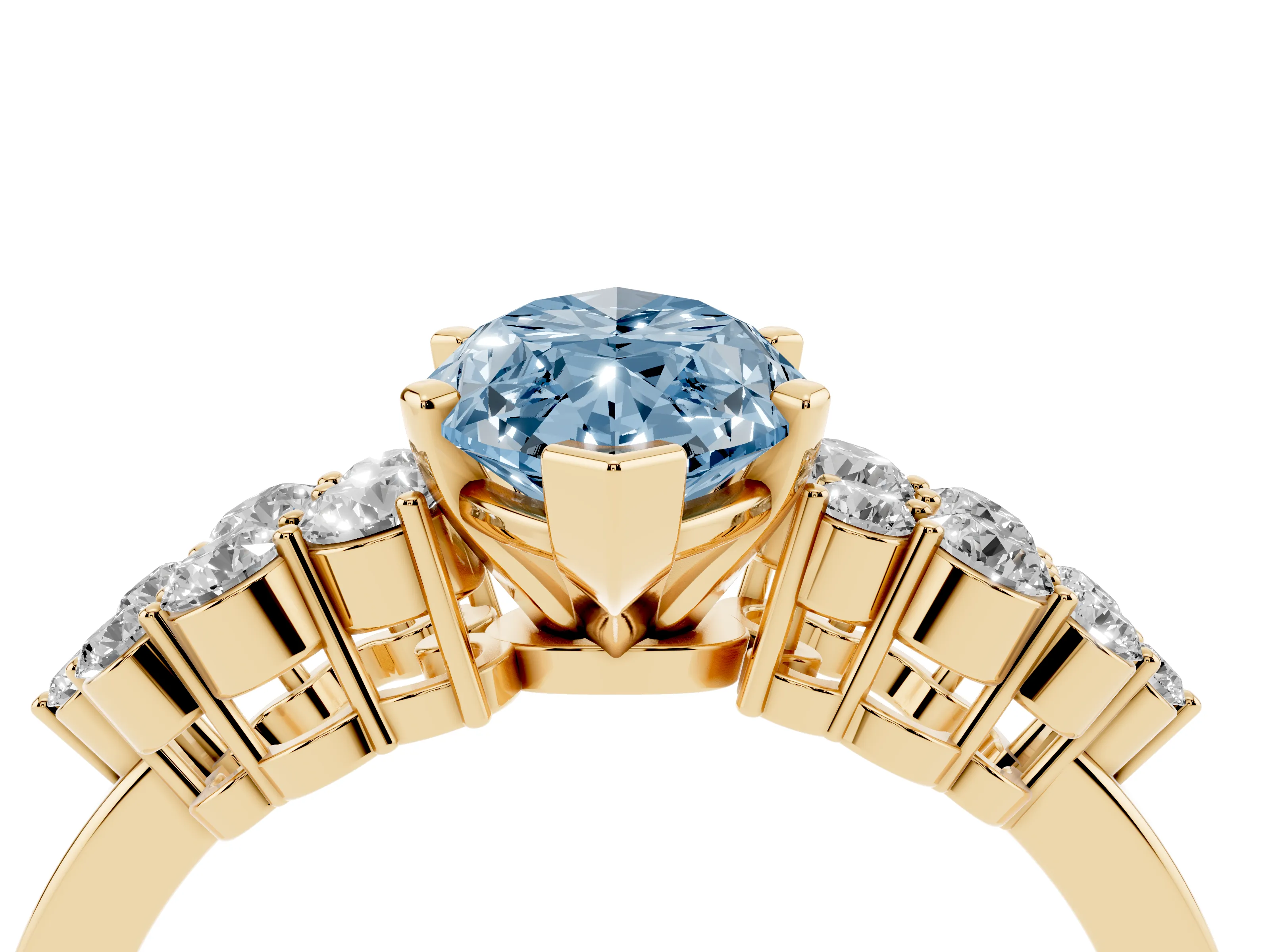 Fancy Blue Marquise Cut Diamond Cluster Engagement Ring Set in Yellow gold with Pavé Band and Prong Setting
