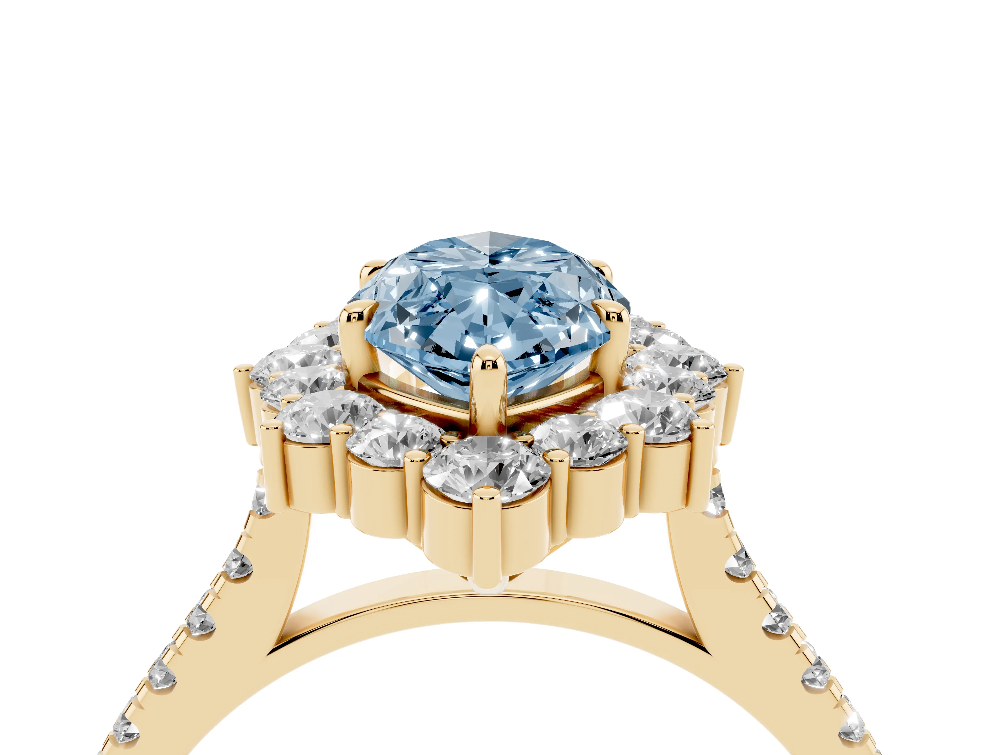 Fancy Blue Marquise Cut Diamond Halo Ring Set in Yellow gold with Pavé Band and Prong Setting