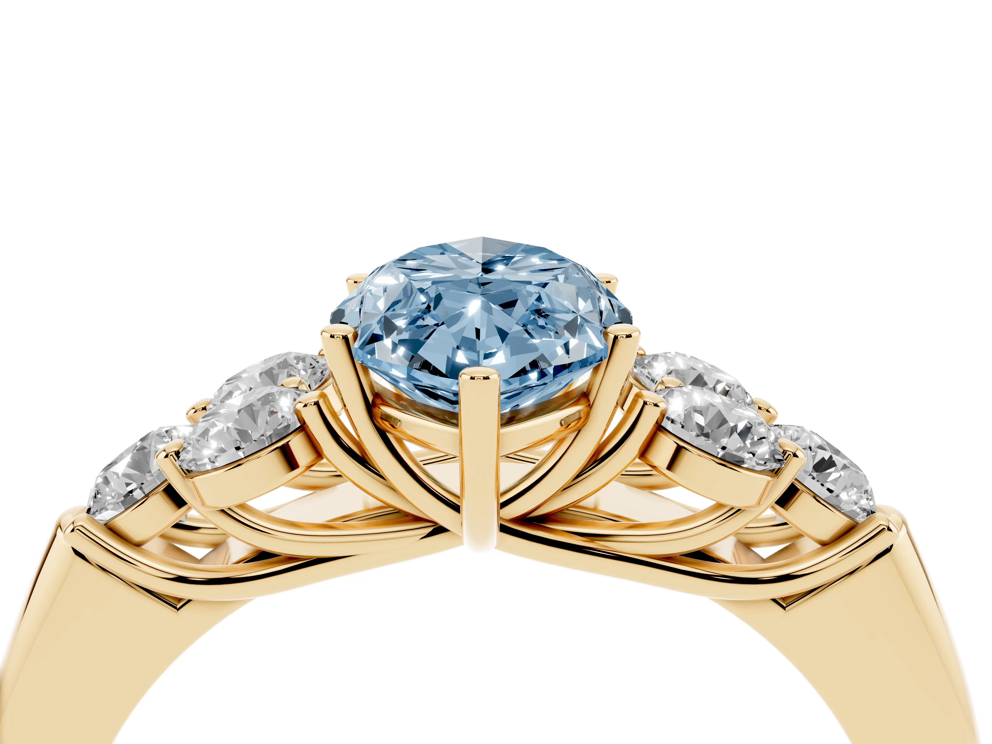 Fancy Blue Marquise Cut Diamond Cluster Ring Set in Yellow gold with Round Accent Stones and Prong Setting on a Plain Band