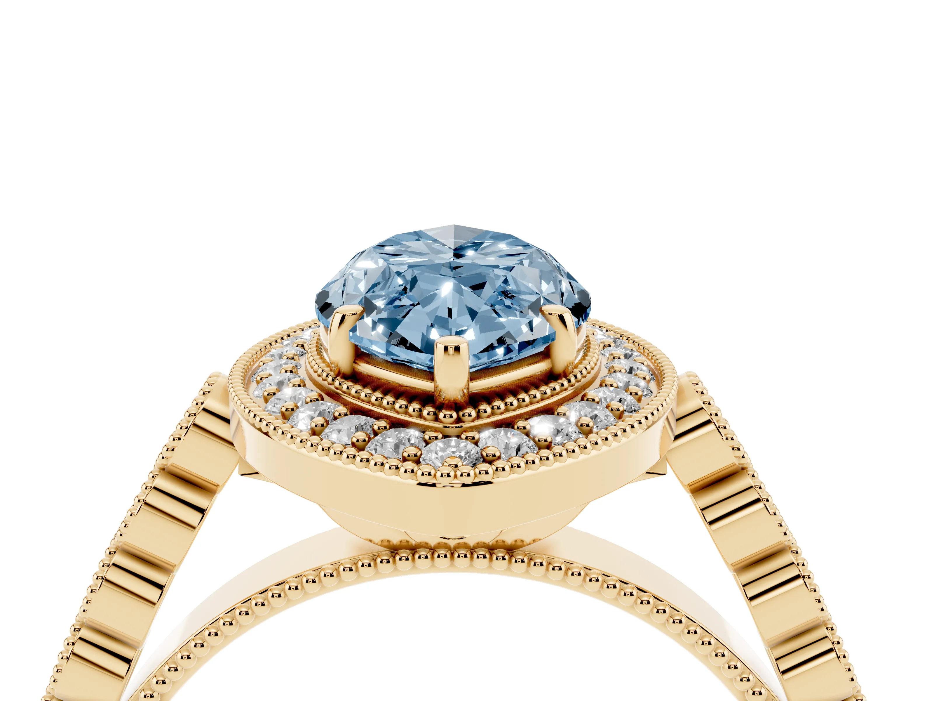 Fancy Blue Marquise Cut Diamond Milgrain Halo Solitaire Ring Set in Yellow gold with Bezel Set Side Stones and Pavé Band