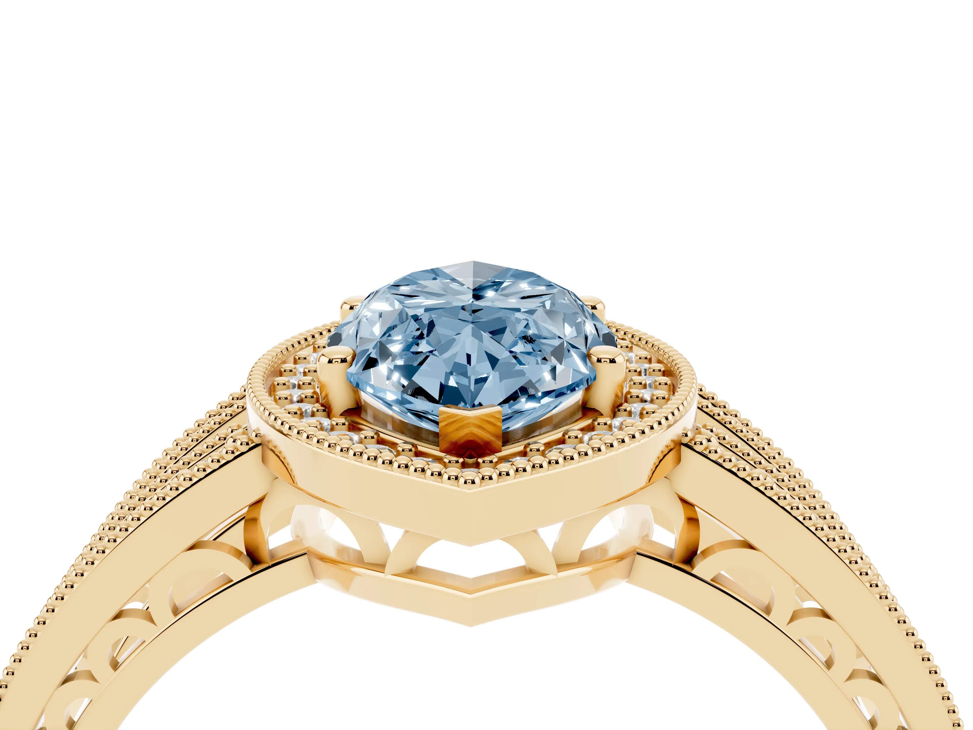 Fancy Blue Marquise Cut Diamond Halo Ring Set in Yellow gold with Accent Split Shank and Prong Setting