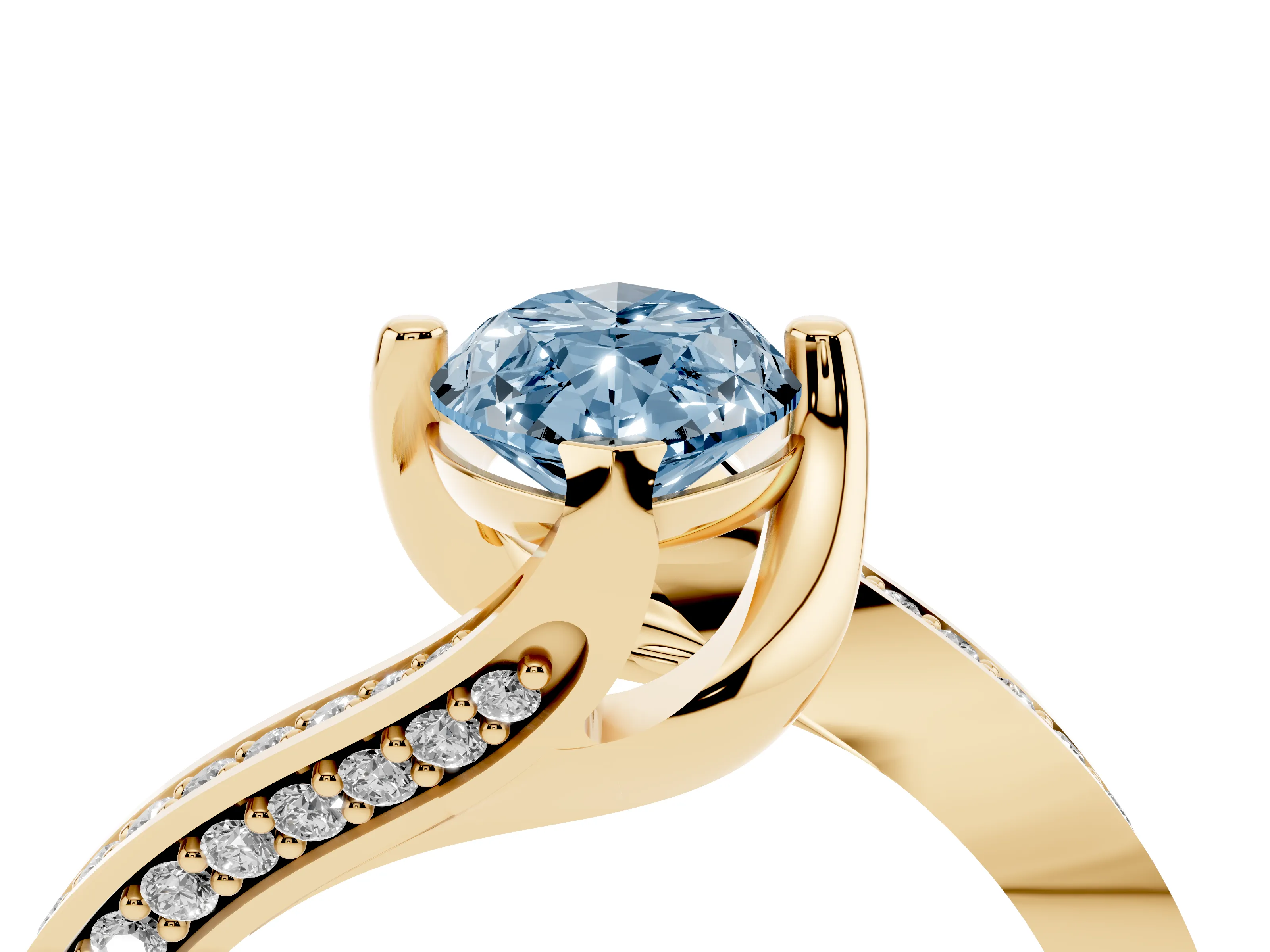 Fancy Blue Marquise Cut Diamond Solitaire Ring Set in Yellow gold with Intertwined Pavé Twist Band