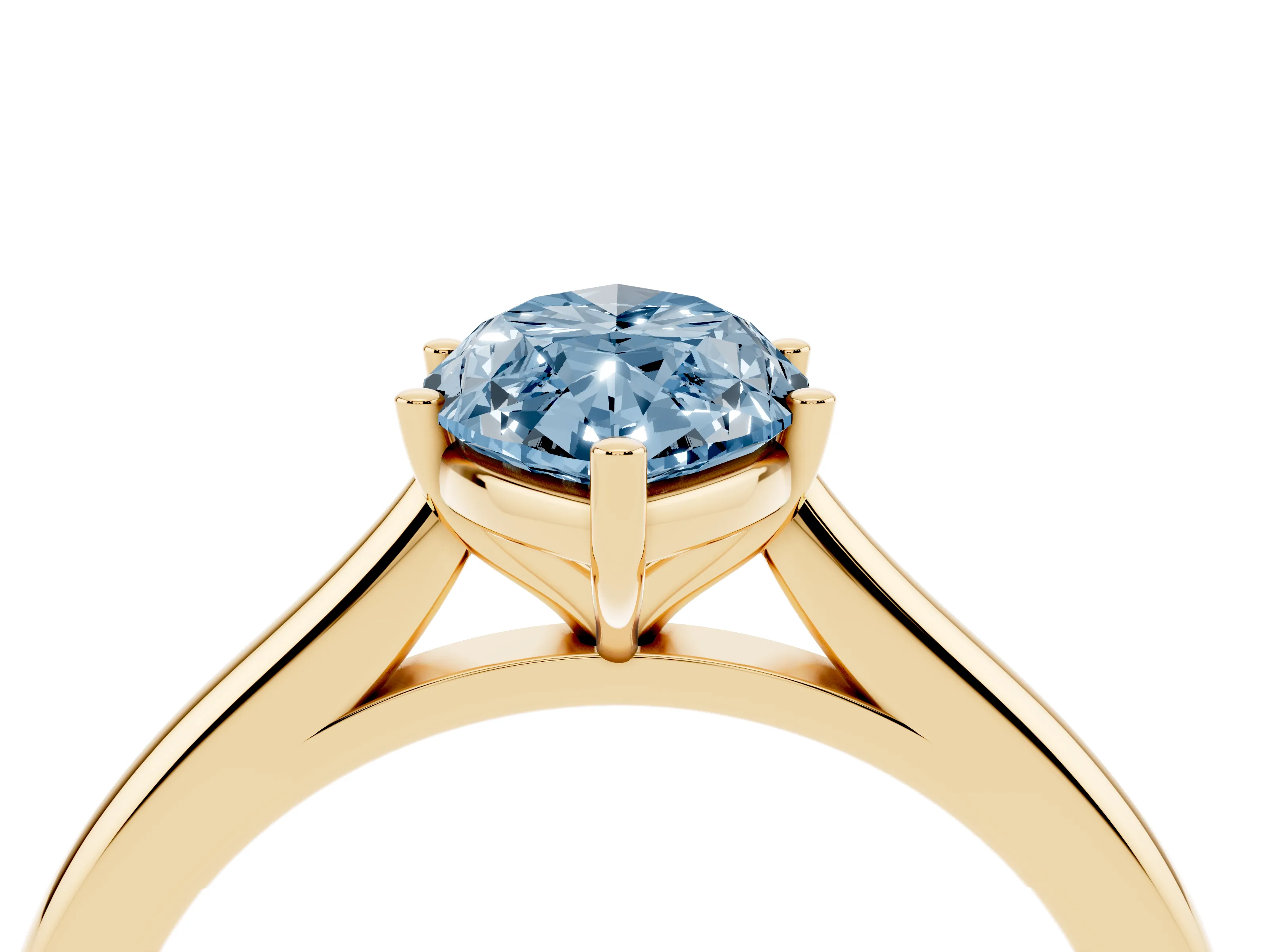 Fancy Blue Marquise Cut Diamond Solitaire Ring Set in Yellow gold with Cathedral Band and Prong Setting