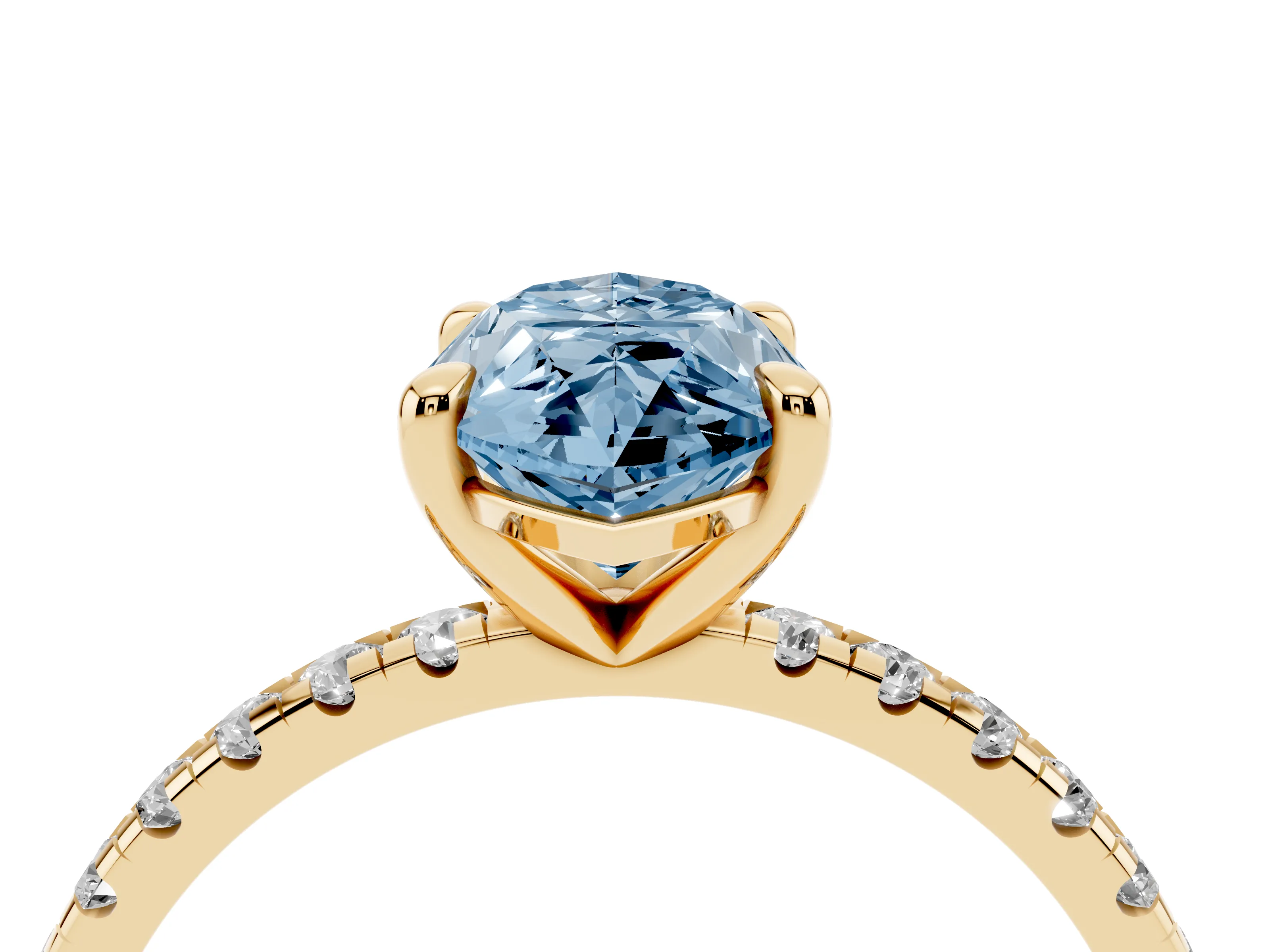 Fancy Blue Marquise Cut Diamond Brilliant Solitaire Ring Set in Yellow gold with Pavé Band and Prong Setting