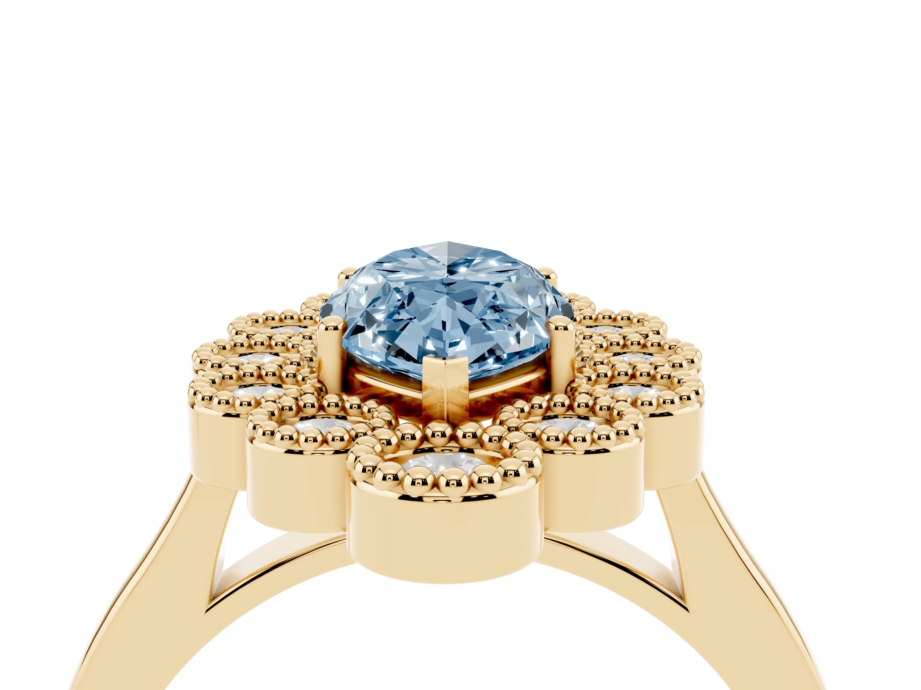 Fancy Blue Marquise Cut Diamond Cluster Halo Ring Set in Yellow gold with Milgrain Bezel Accents and Plain Band