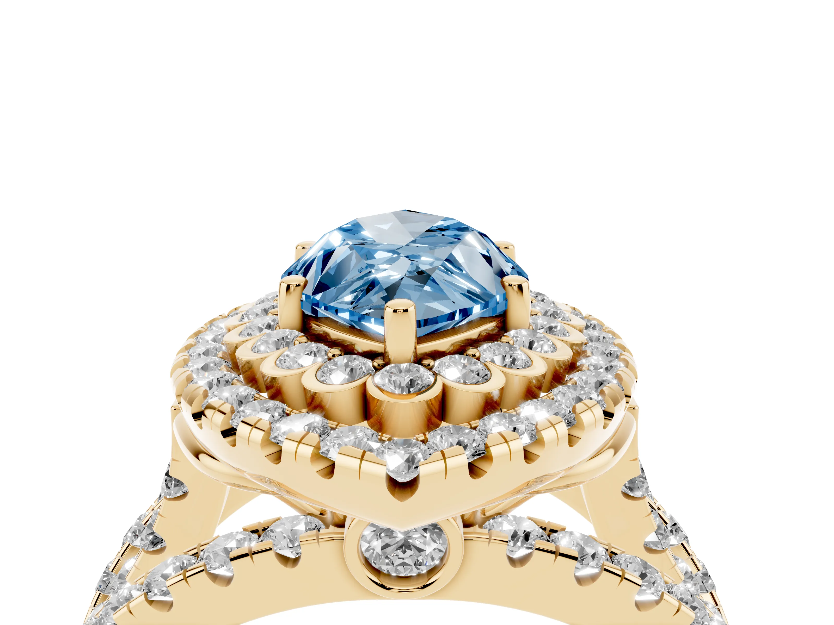 Fancy Blue Marquise Cut Diamond Double Halo Ring Set in Yellow gold with Round Pavé Split Shank