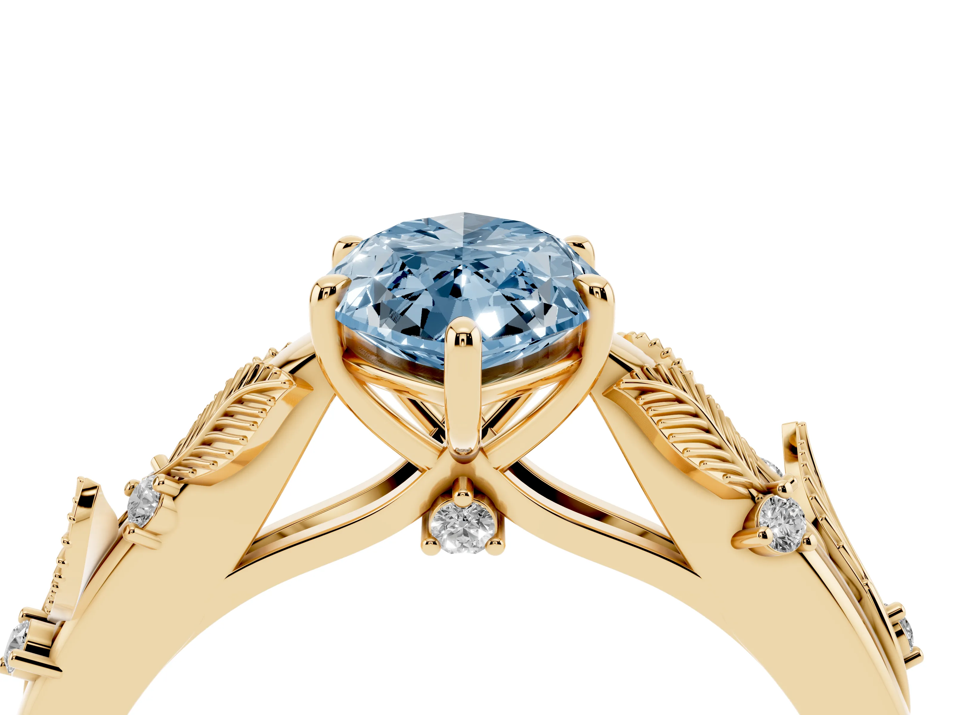 Fancy Blue Marquise Cut Diamond Solitaire Ring Set in Yellow gold with Leaf Motif Band