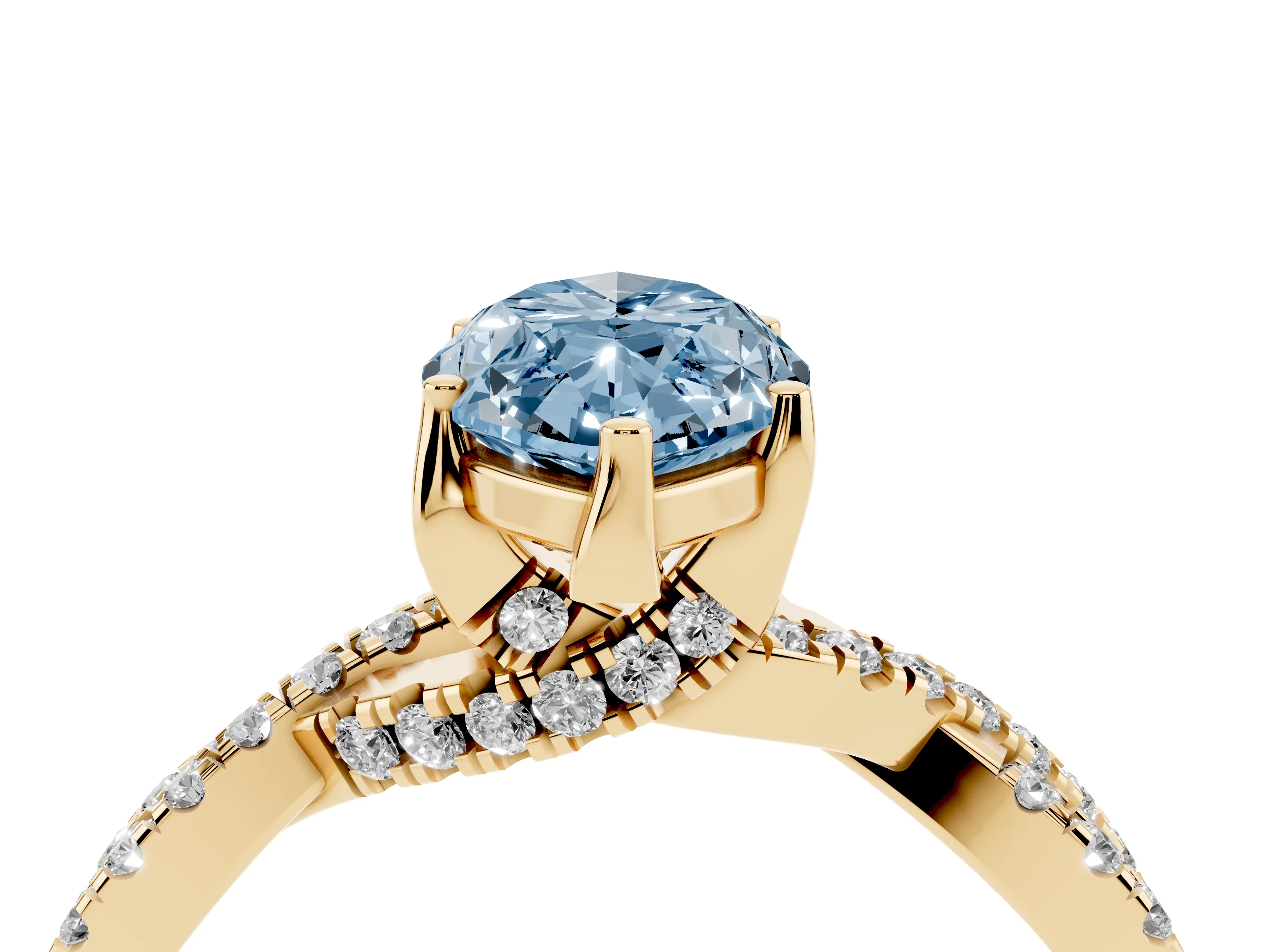 Fancy Blue Marquise Cut Diamond Twist Pavé Solitaire Engagement Ring Set in Yellow gold with Prong Setting