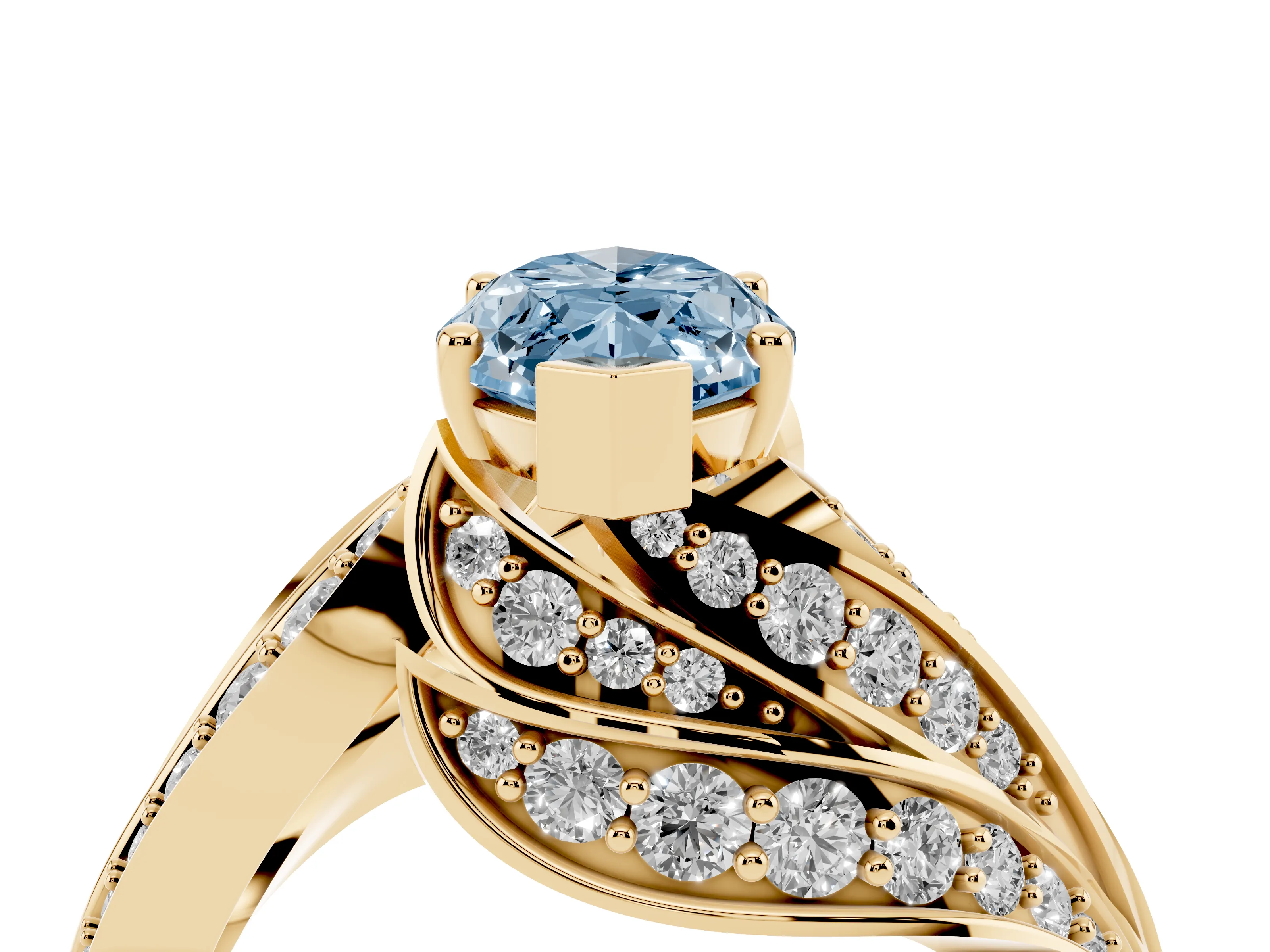 Fancy Blue Marquise Cut Diamond Solitaire Ring Set in Yellow gold with Layered Twist Pavé Band