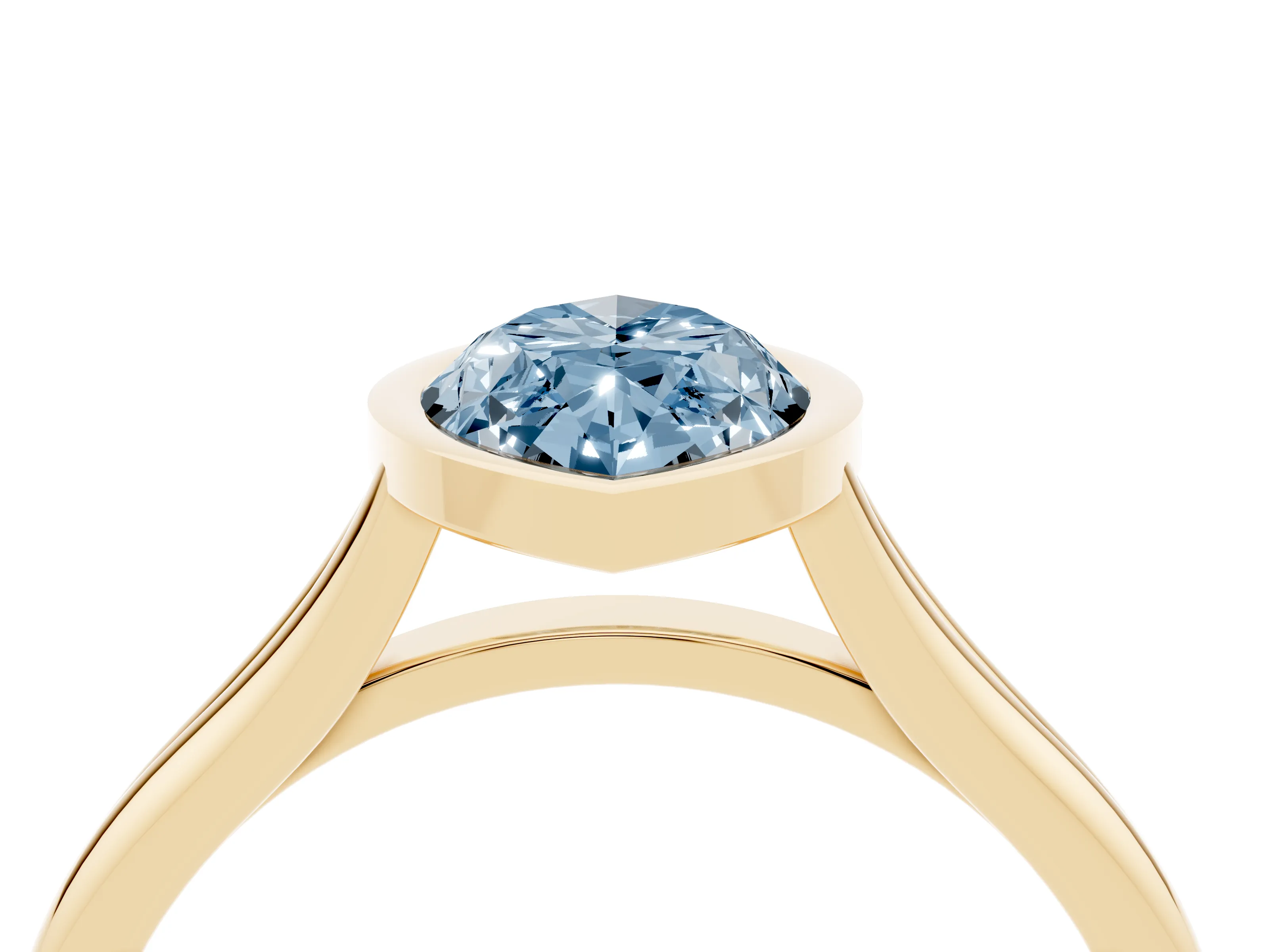 Fancy Blue Bezel Set Marquise Cut Diamond Solitaire Ring Set in Yellow gold with Tapered Band