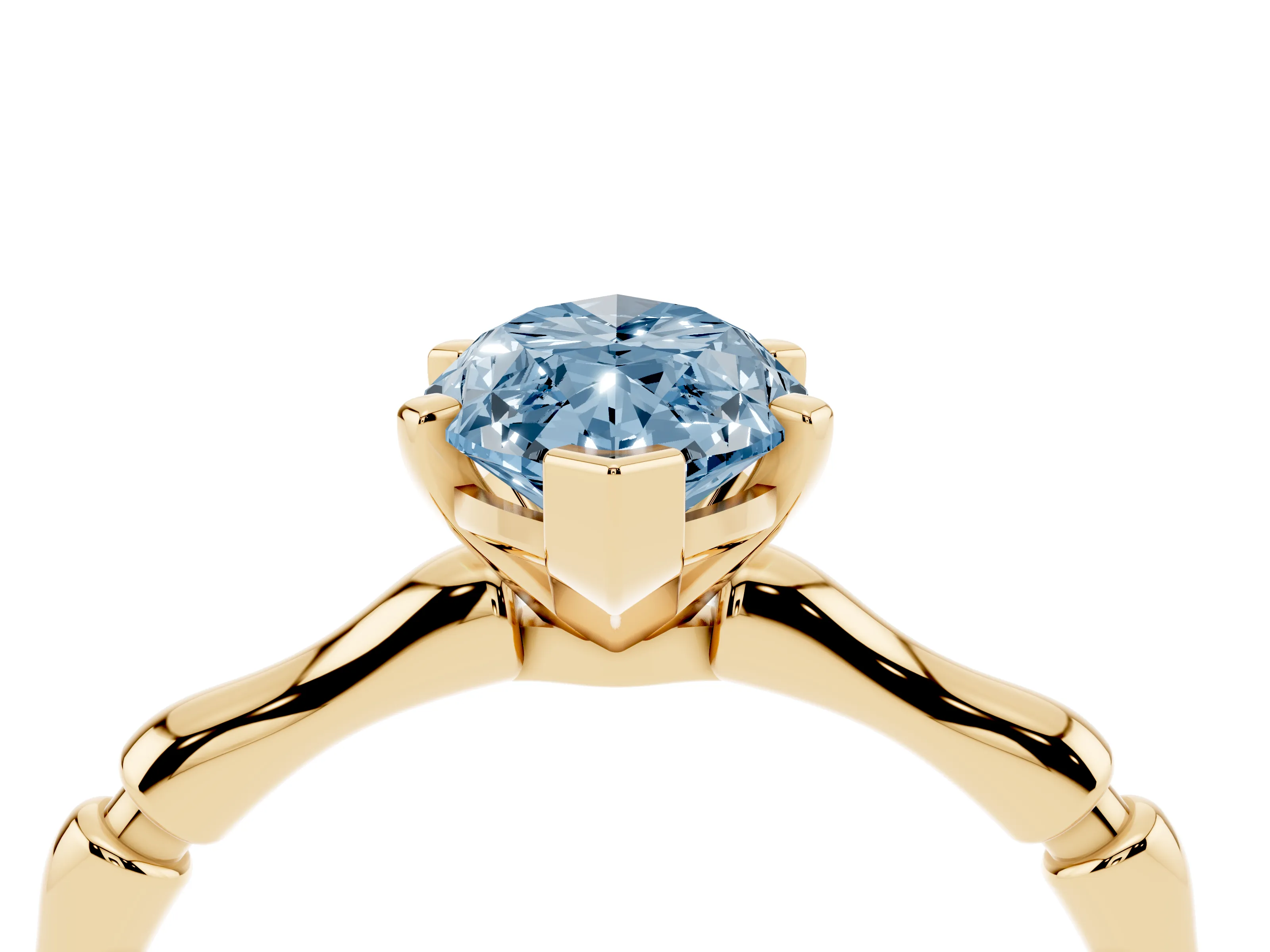 Fancy Blue Marquise Cut Diamond Solitaire Ring Set in Yellow gold with Bamboo Band and Prong Setting