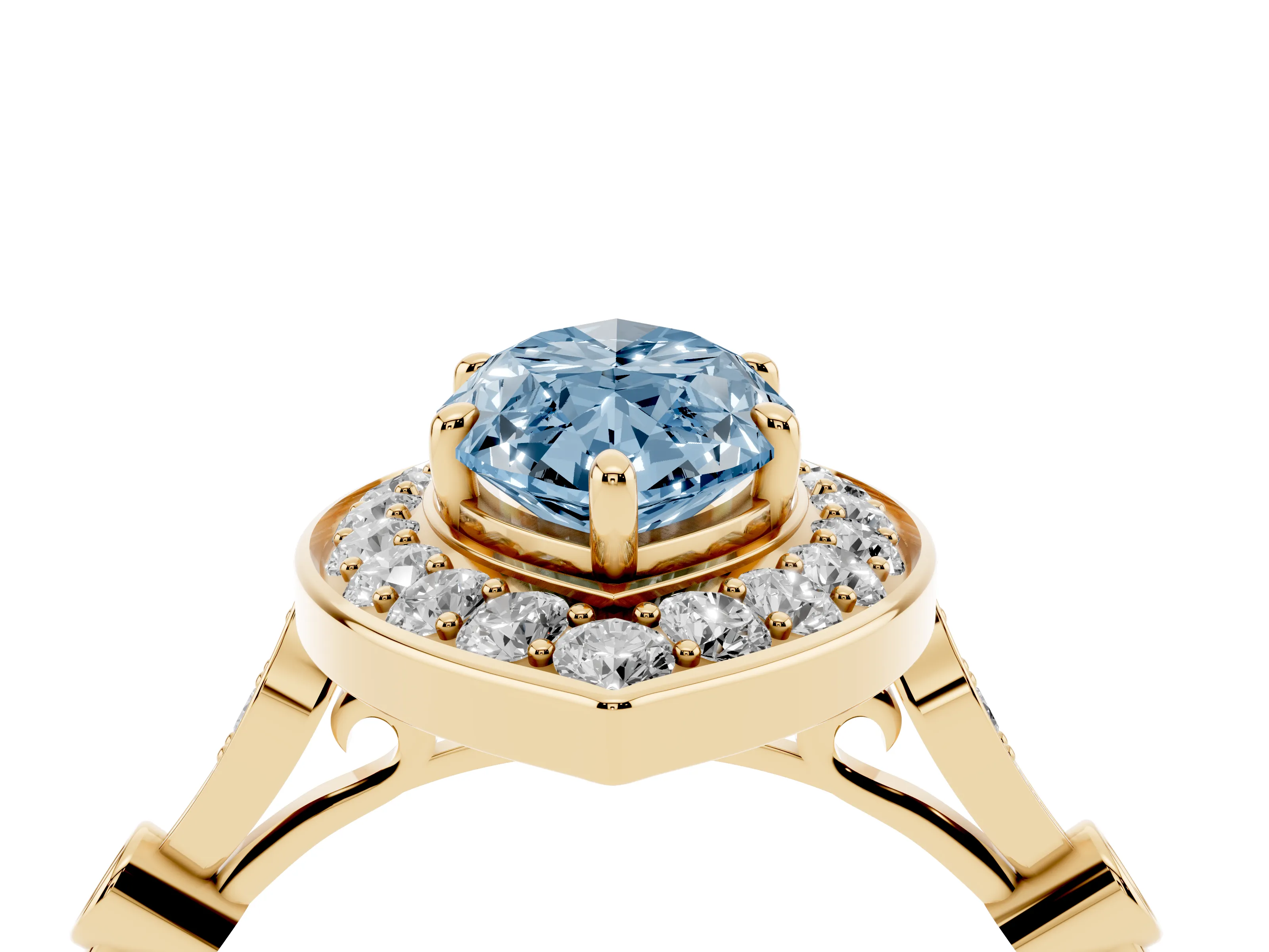 Fancy Blue Marquise Cut Diamond Halo Engagement Ring Set in Yellow gold with Twisted Band and Prong Setting