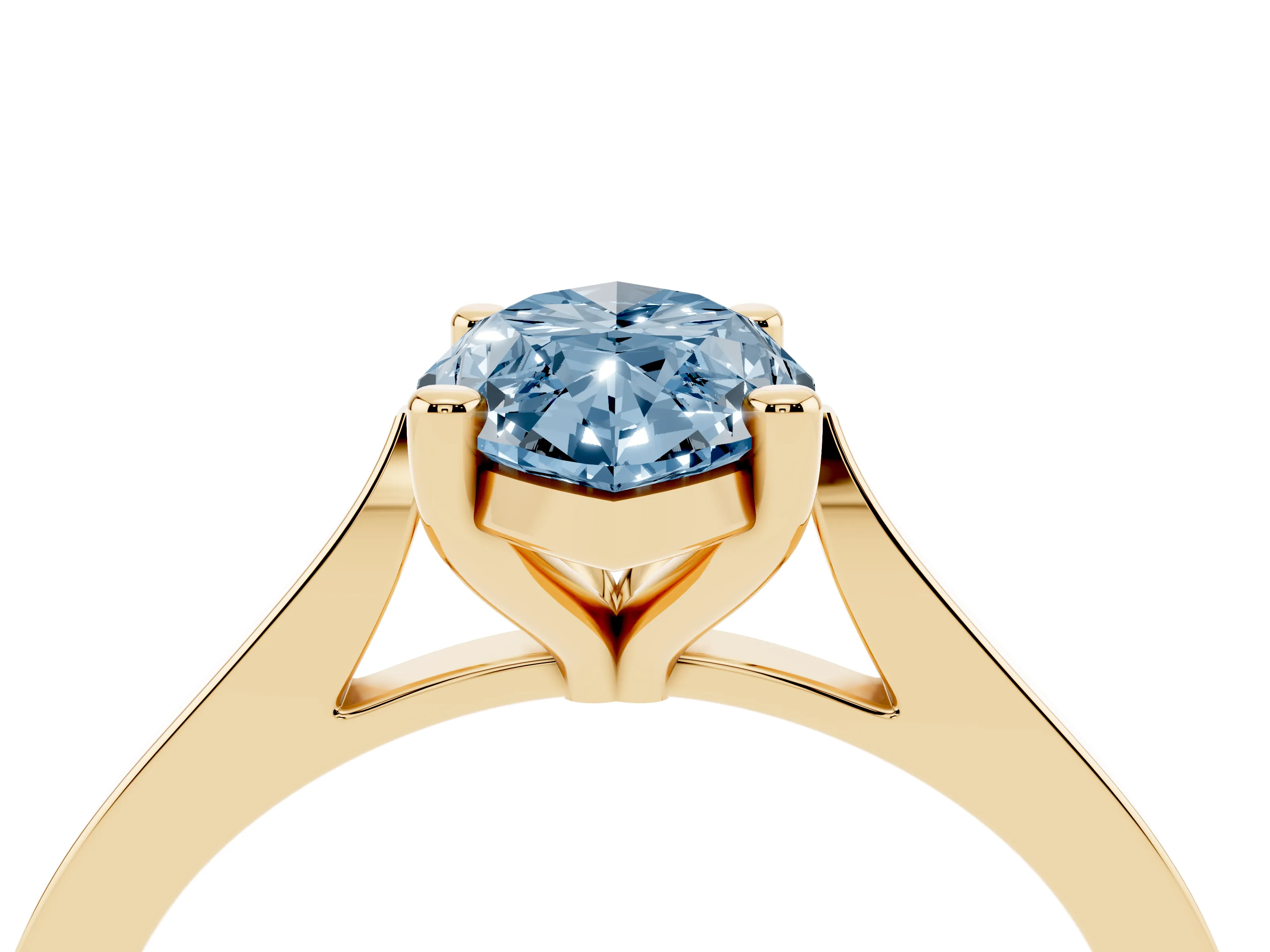 Fancy Blue Marquise Cut Diamond Solitaire Ring Set in Yellow gold with Prong Setting and Tapered Band