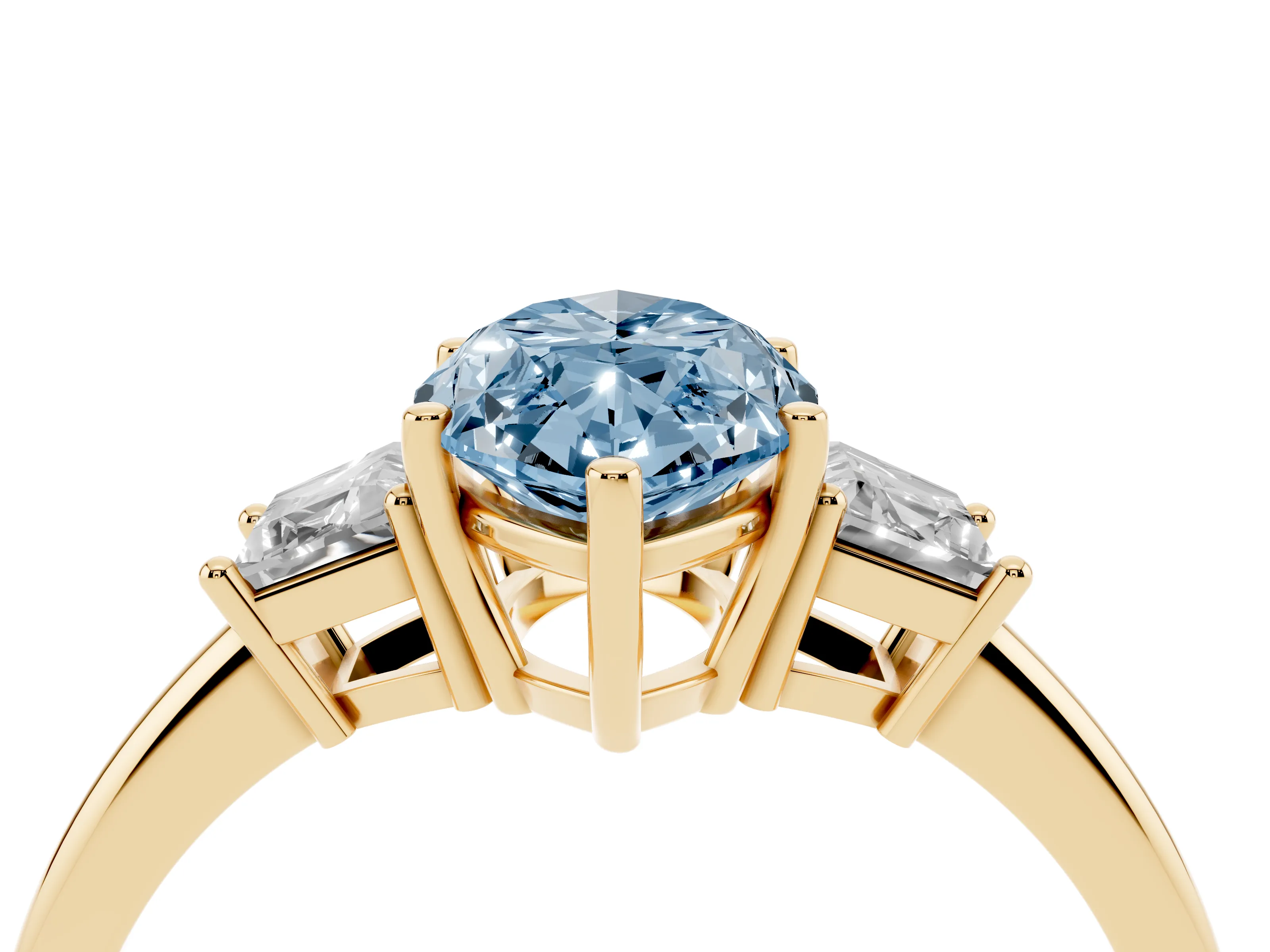 Fancy Blue Marquise Cut Diamond Three-Stone Ring Set in Yellow gold with Trapezoid Side Stones and Prong Setting