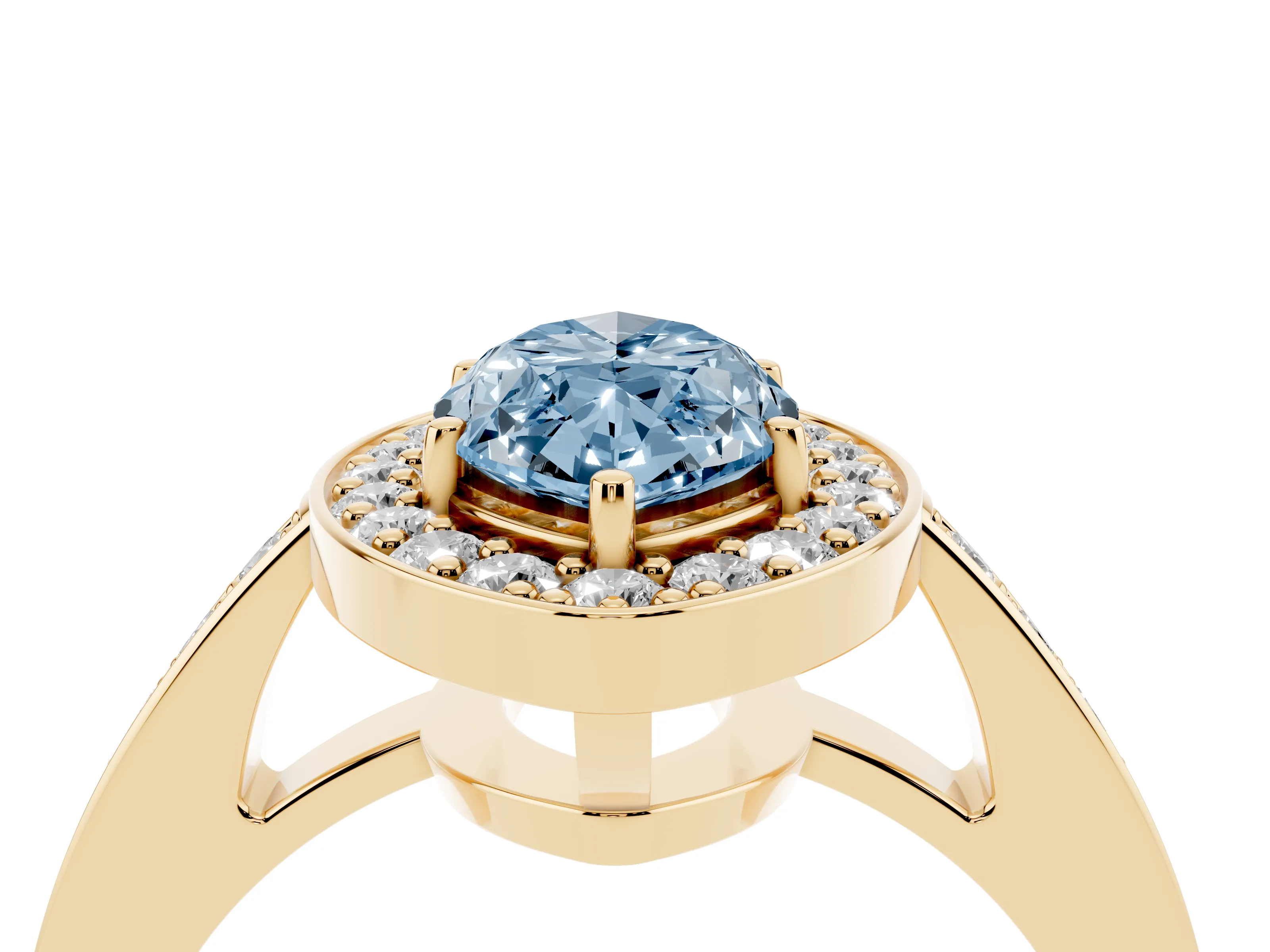 Fancy Blue Marquise Cut Diamond Halo Pavé Engagement Ring Set in Yellow gold with Bezel Setting