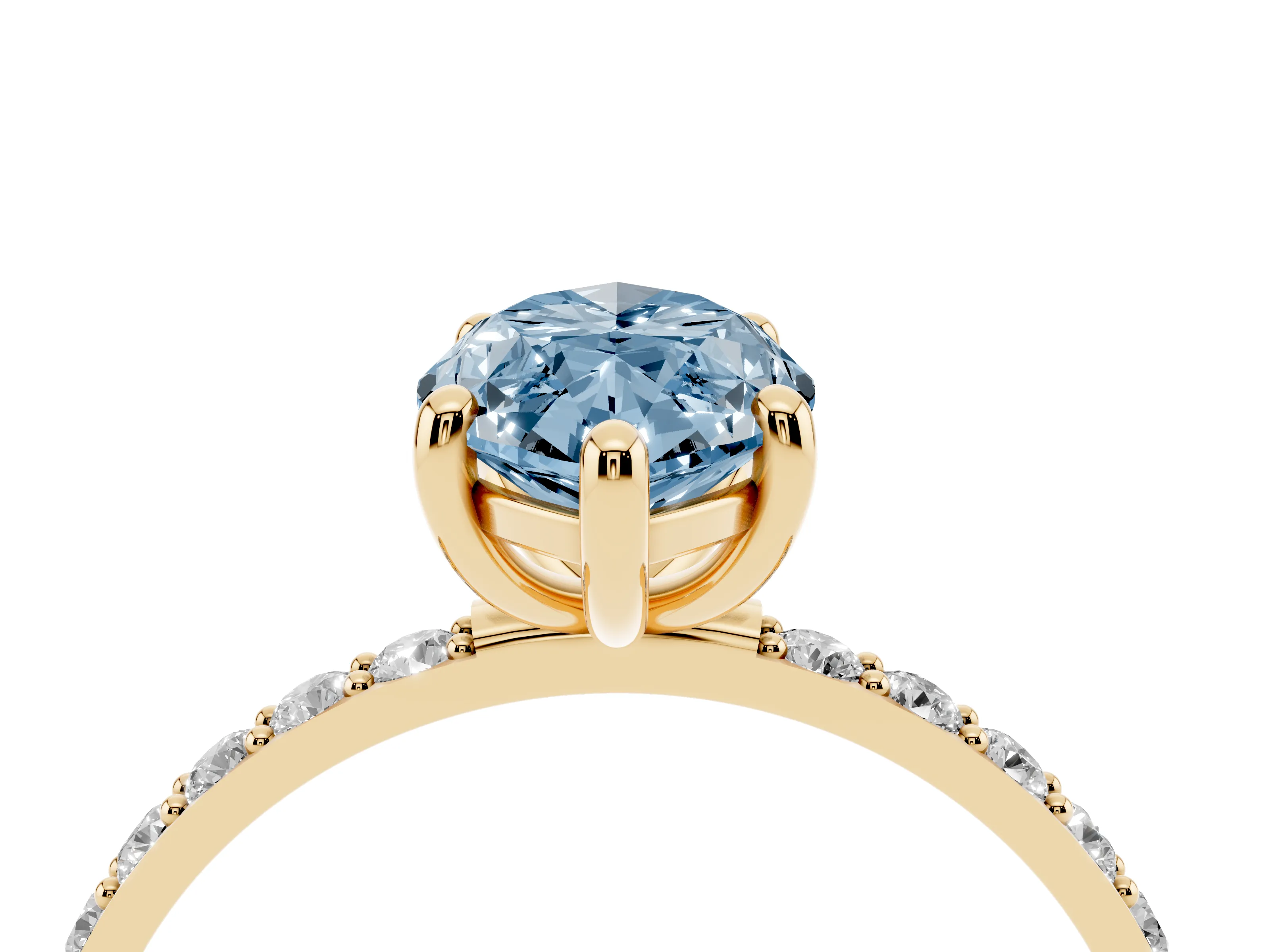 Fancy Blue Marquise Cut Diamond Solitaire Ring Set in Yellow gold with Round Pavé Band and Prong Setting
