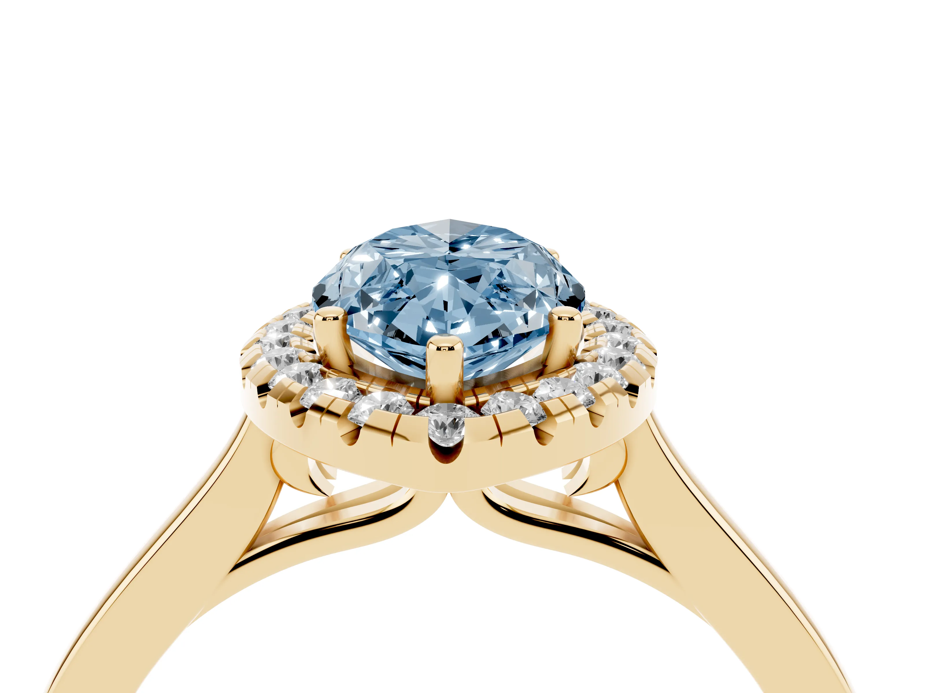 Fancy Blue Marquise Cut Halo Round Diamond Solitaire Ring Set in Yellow gold with Pavé Band and Prong Setting