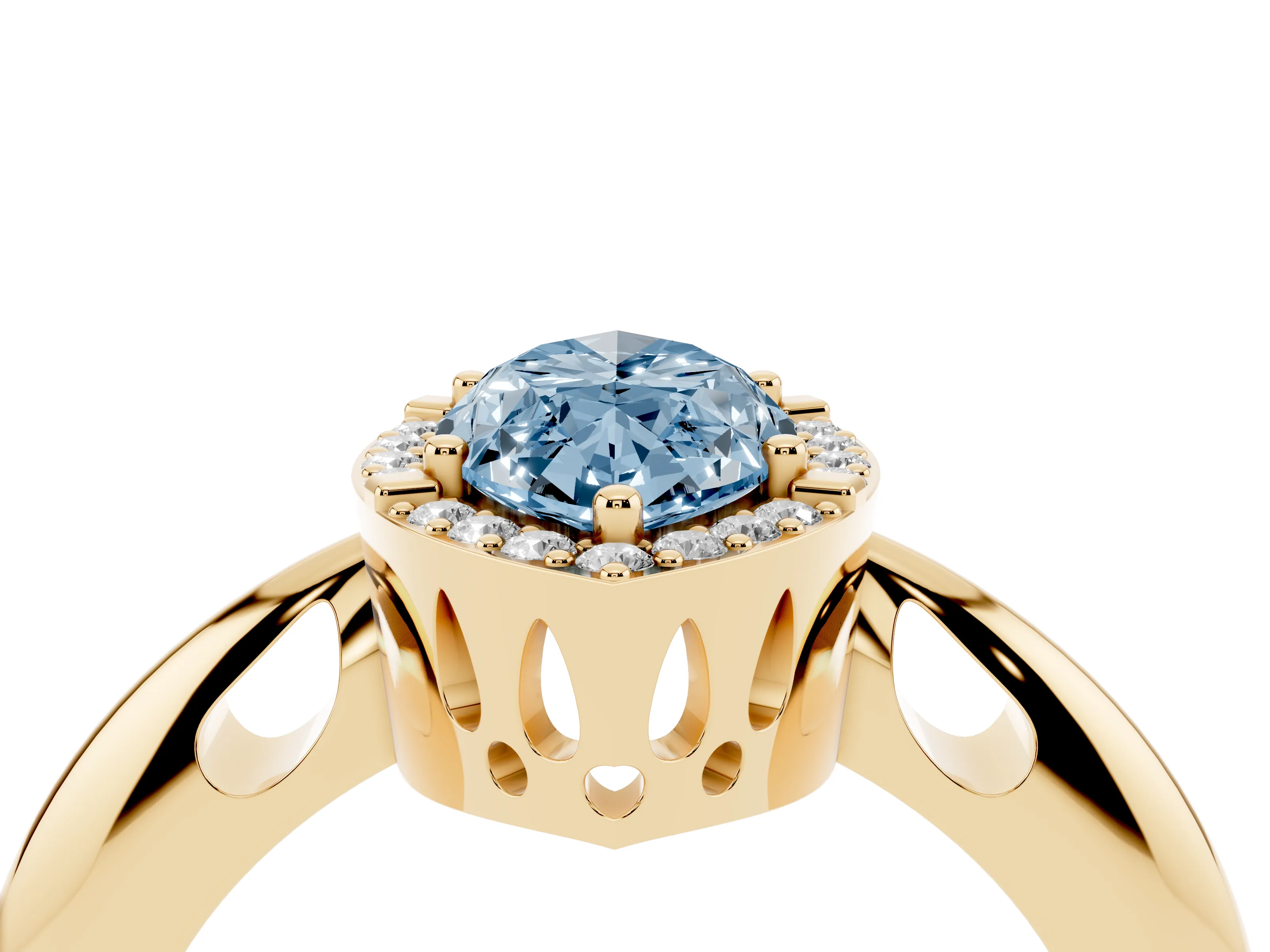 Fancy Blue Marquise Cut Diamond Halo Engagement Ring Set in Yellow gold with Plain Split Shank and Prong Setting