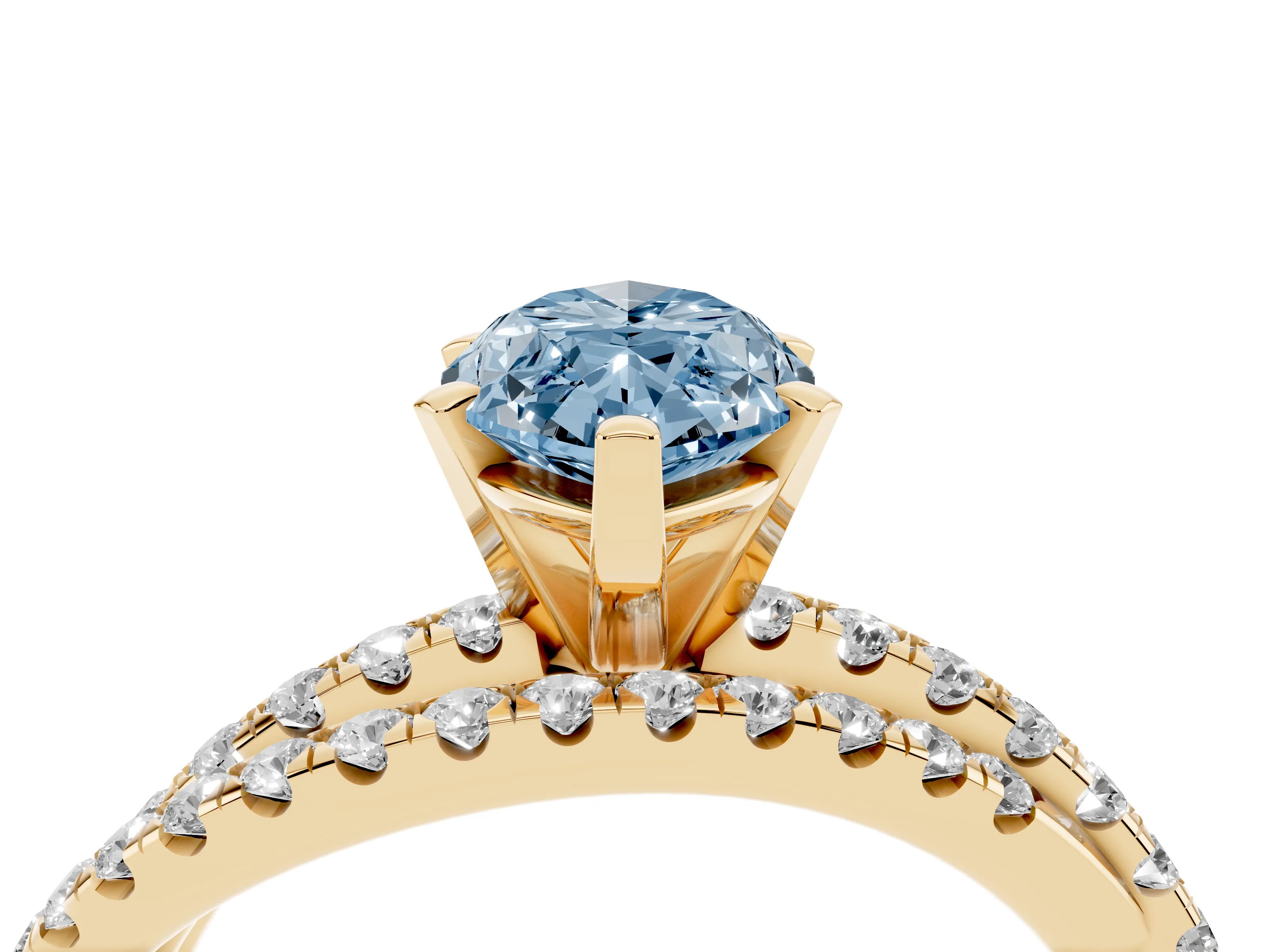 Fancy Blue Marquise Cut Diamond Solitaire Twist Band Ring Set in Yellow gold with Pavé Setting and Prong Head