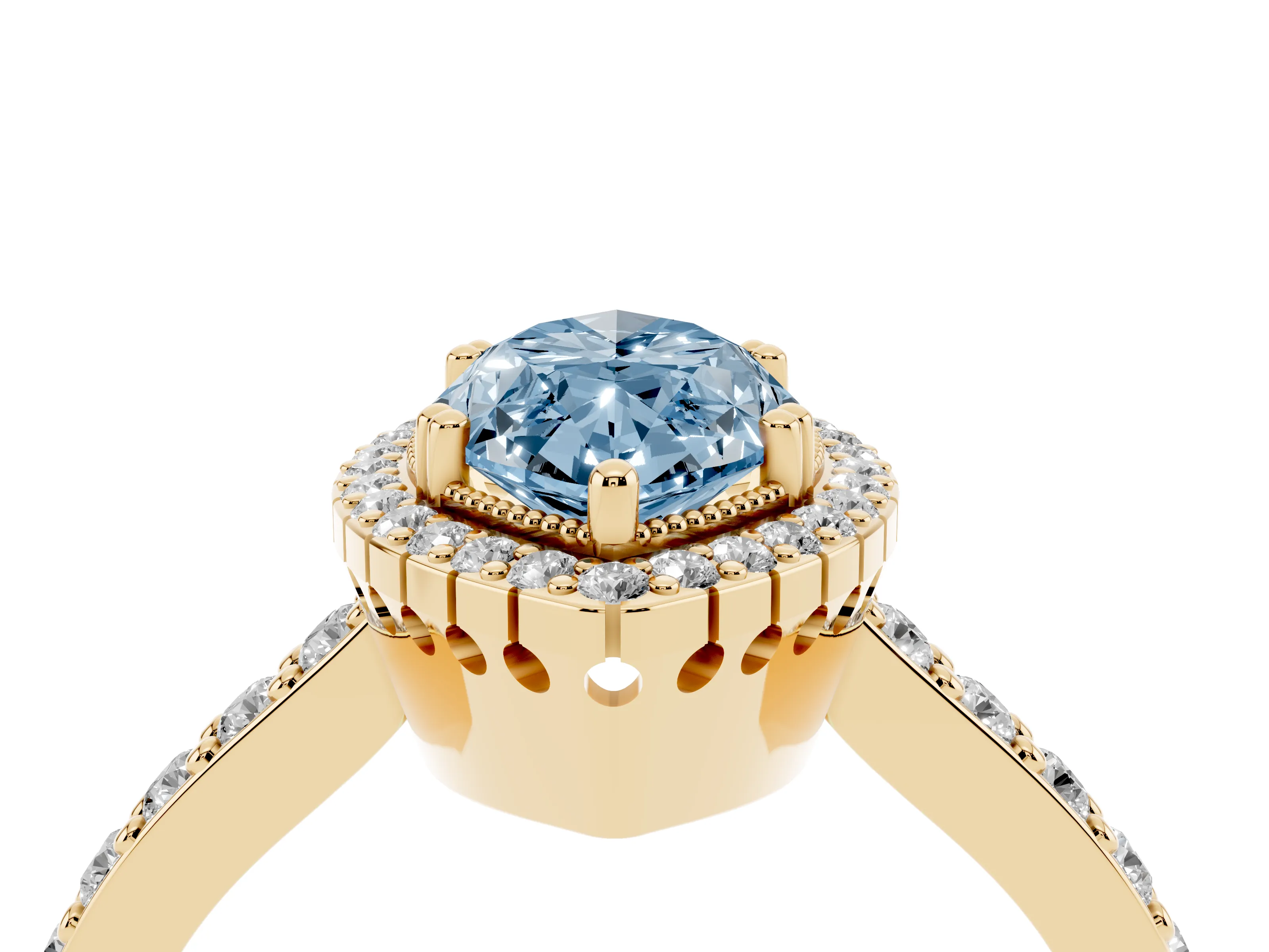 Fancy Blue Marquise Cut Diamond Halo Engagement Ring Set in Yellow gold with Milgrain Detail and Pavé Band
