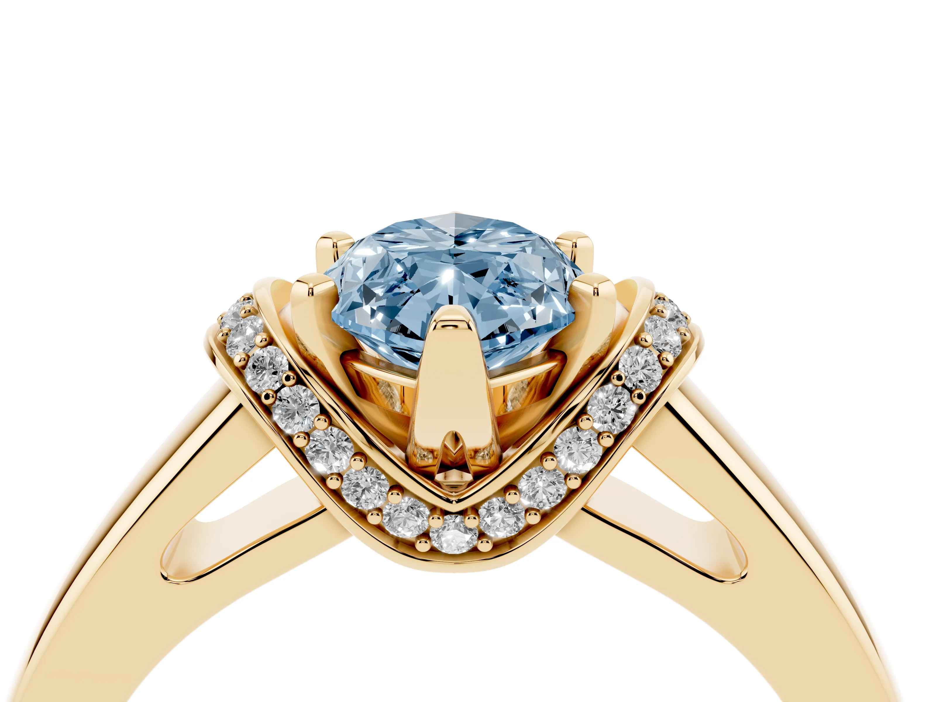 Fancy Blue Marquise Cut Diamond Pavé Band Solitaire Ring Set in Yellow gold with Prong Setting
