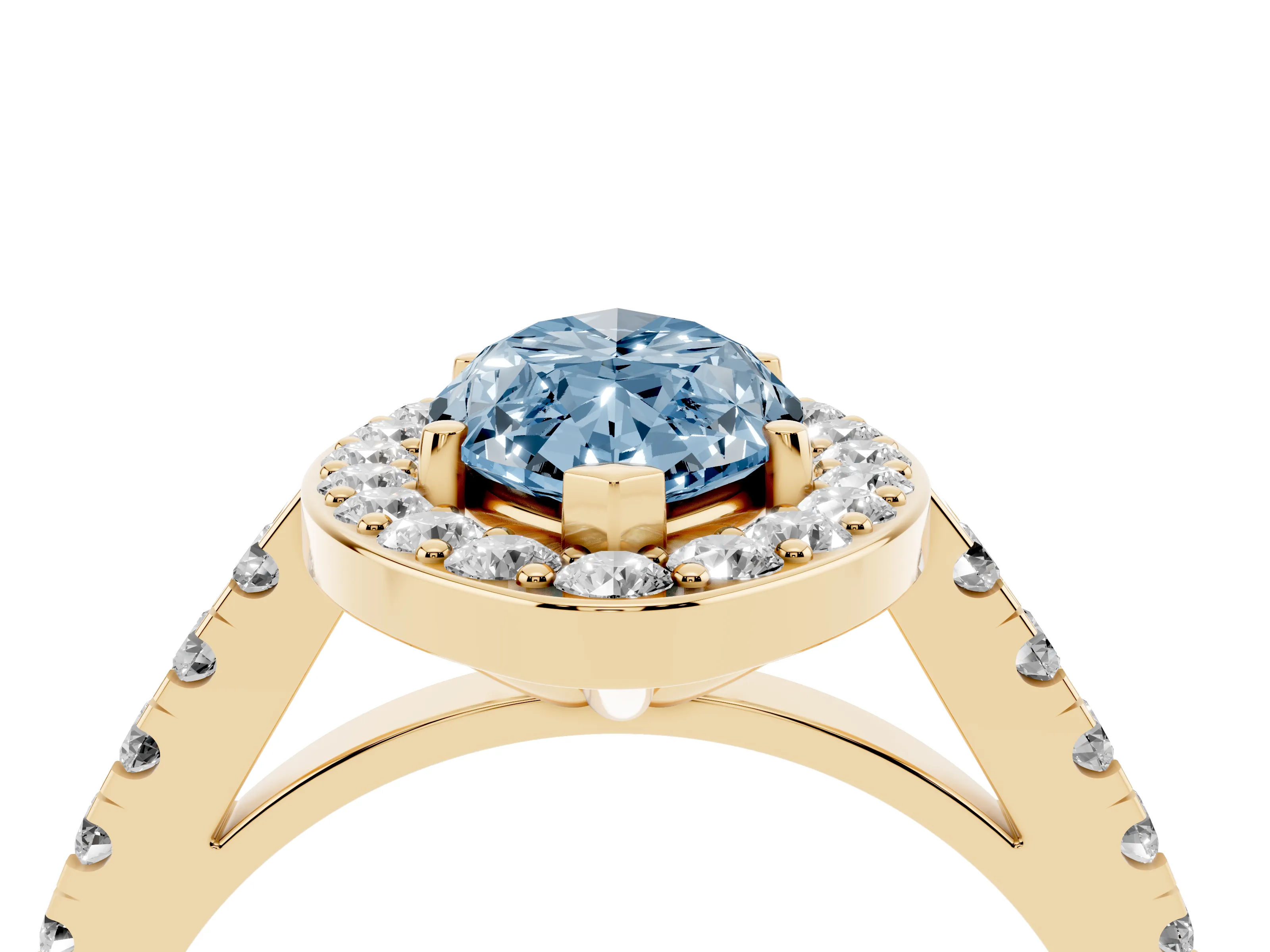 Fancy Blue Marquise Cut Diamond Halo Ring Set in Yellow gold with Round Pavé Split Shank and Prong Setting