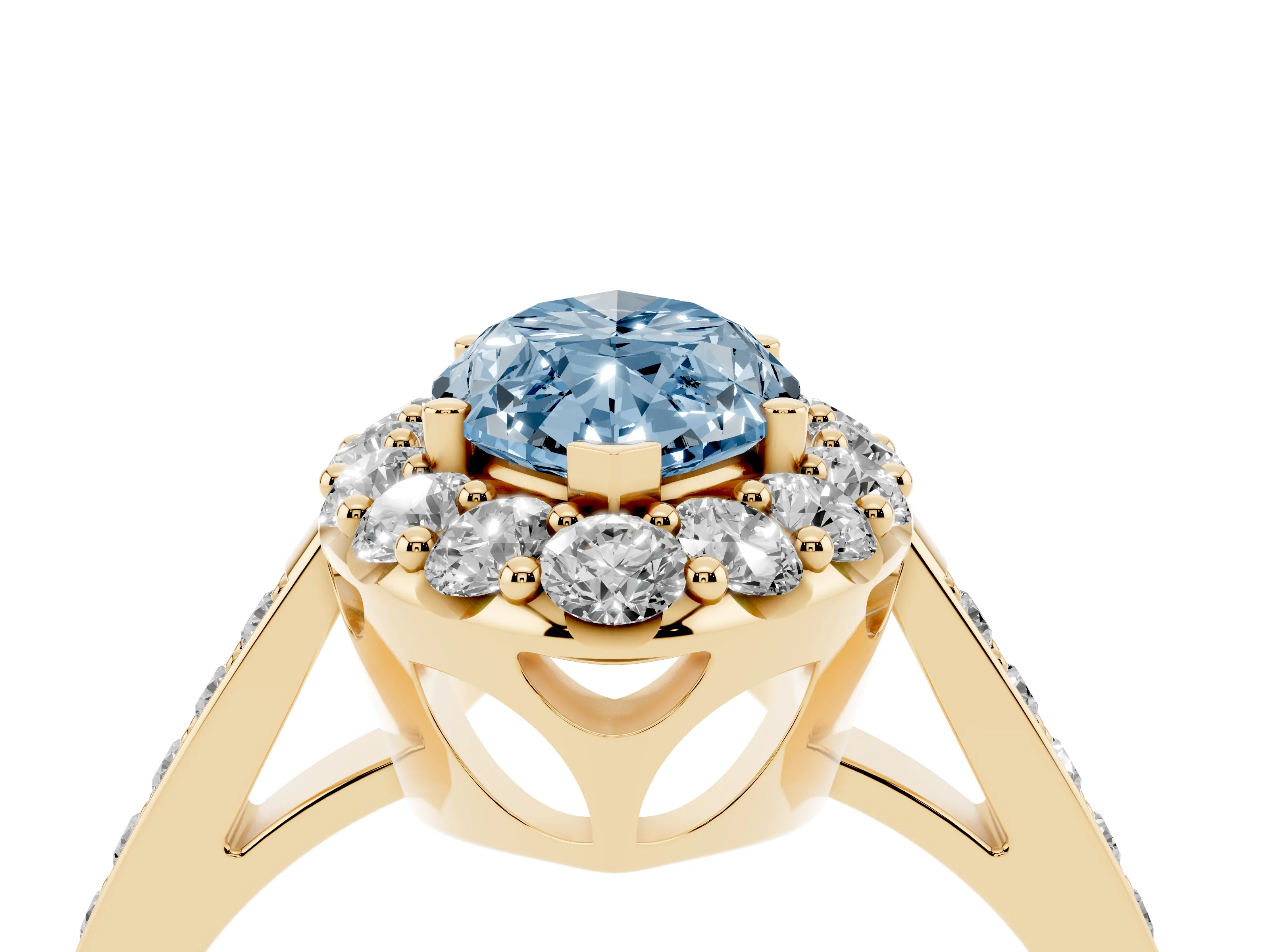 Fancy Blue Marquise Cut Diamond Floral Halo Ring Set in Yellow gold with Pavé Band and Prong Setting