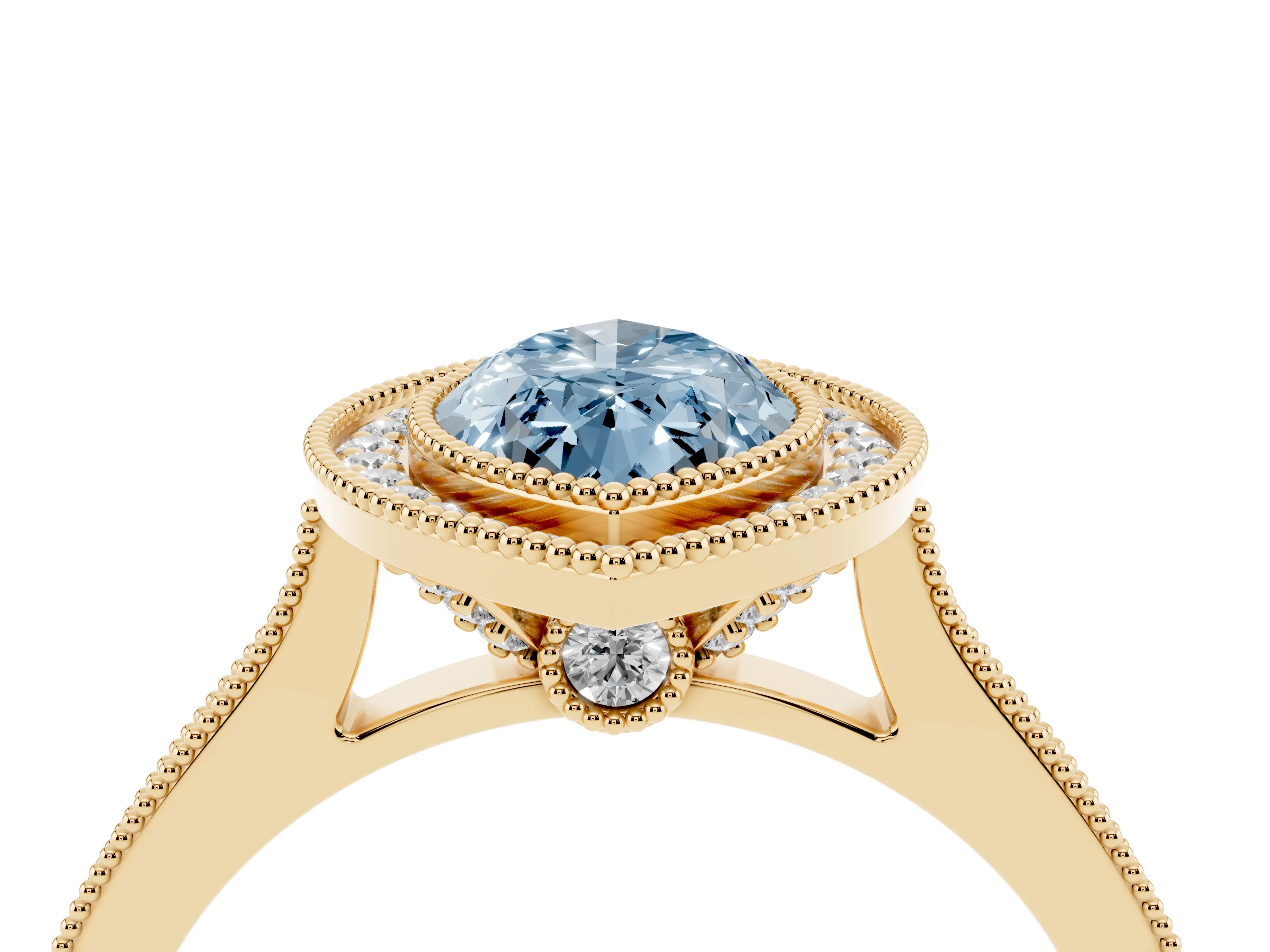 Fancy Blue Marquise Cut Diamond Halo Milgrain Pavé Band Ring Set in Yellow gold with Prong Setting