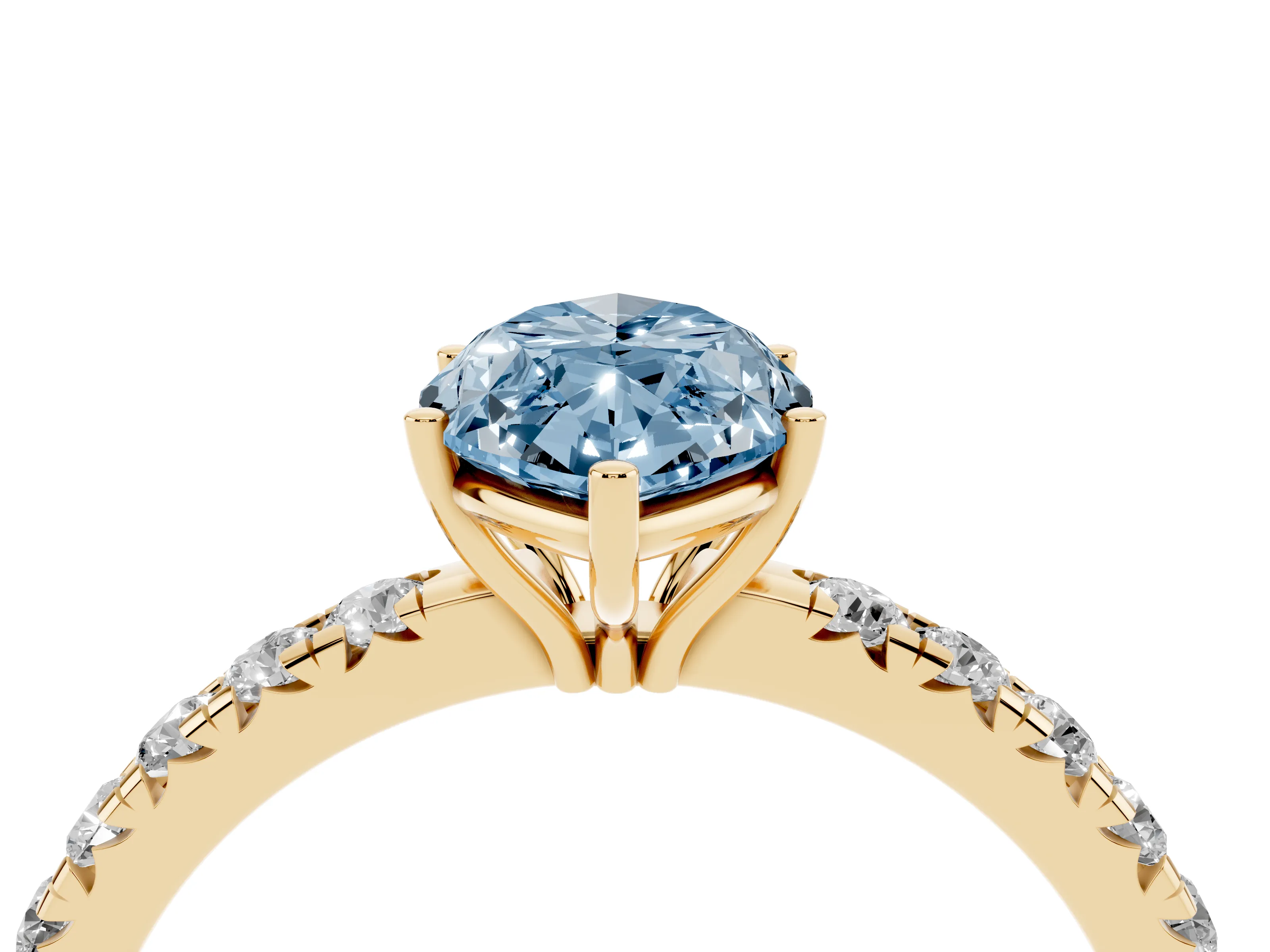 Fancy Blue Marquise Cut Diamond Pavé Solitaire Engagement Ring Set in Yellow gold with Prong Setting