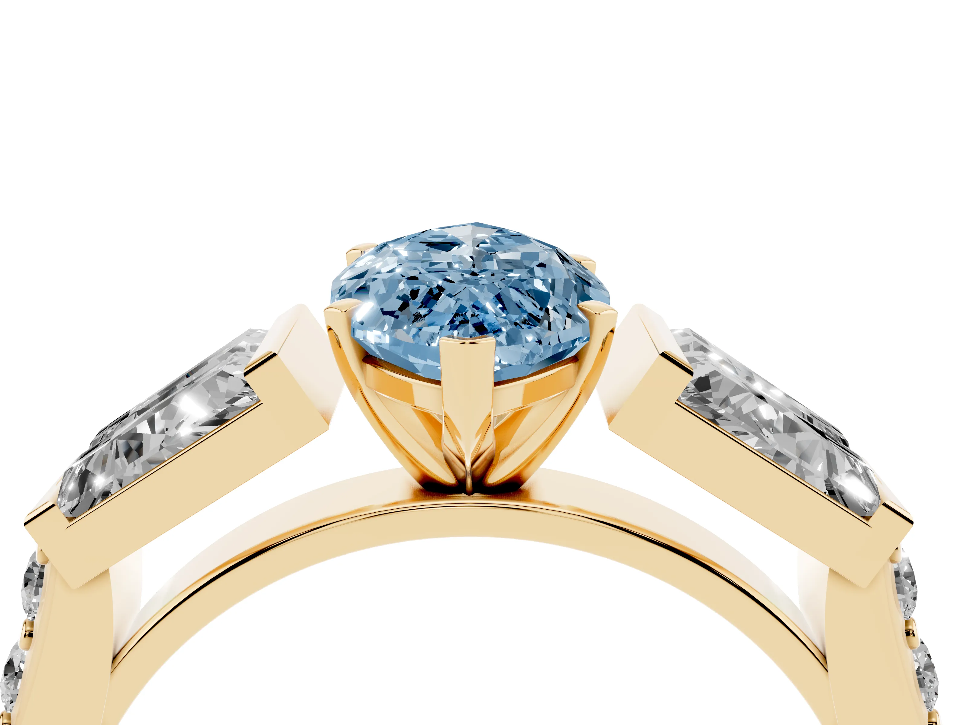Fancy Blue Marquise Cut Diamond Engagement Ring Set in Yellow gold with Baguette Side Stones and Channel Set Band