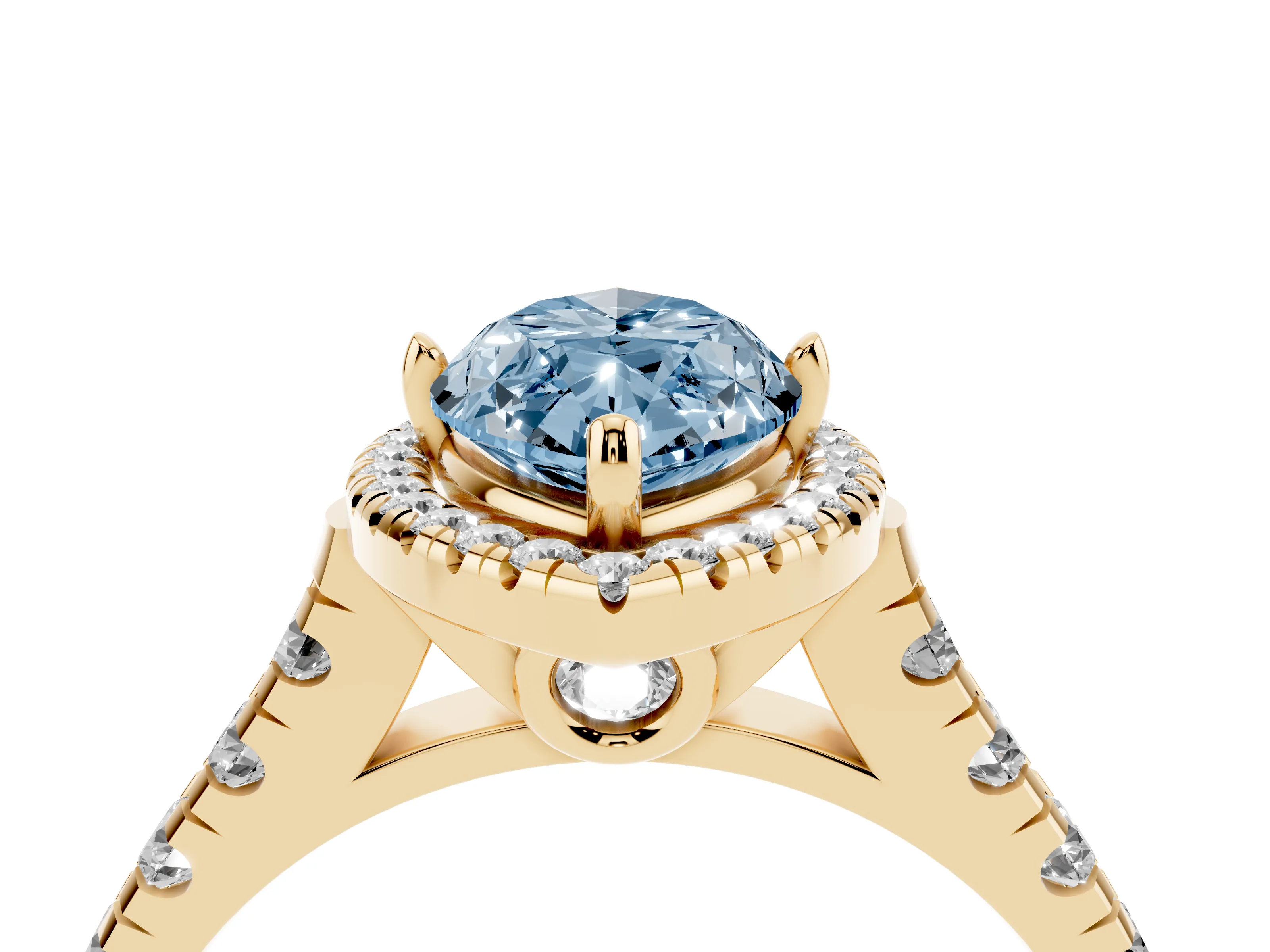 Fancy Blue Marquise Cut Diamond Halo Engagement Ring Set in Yellow gold with Pavé Band and Prong-Set Center