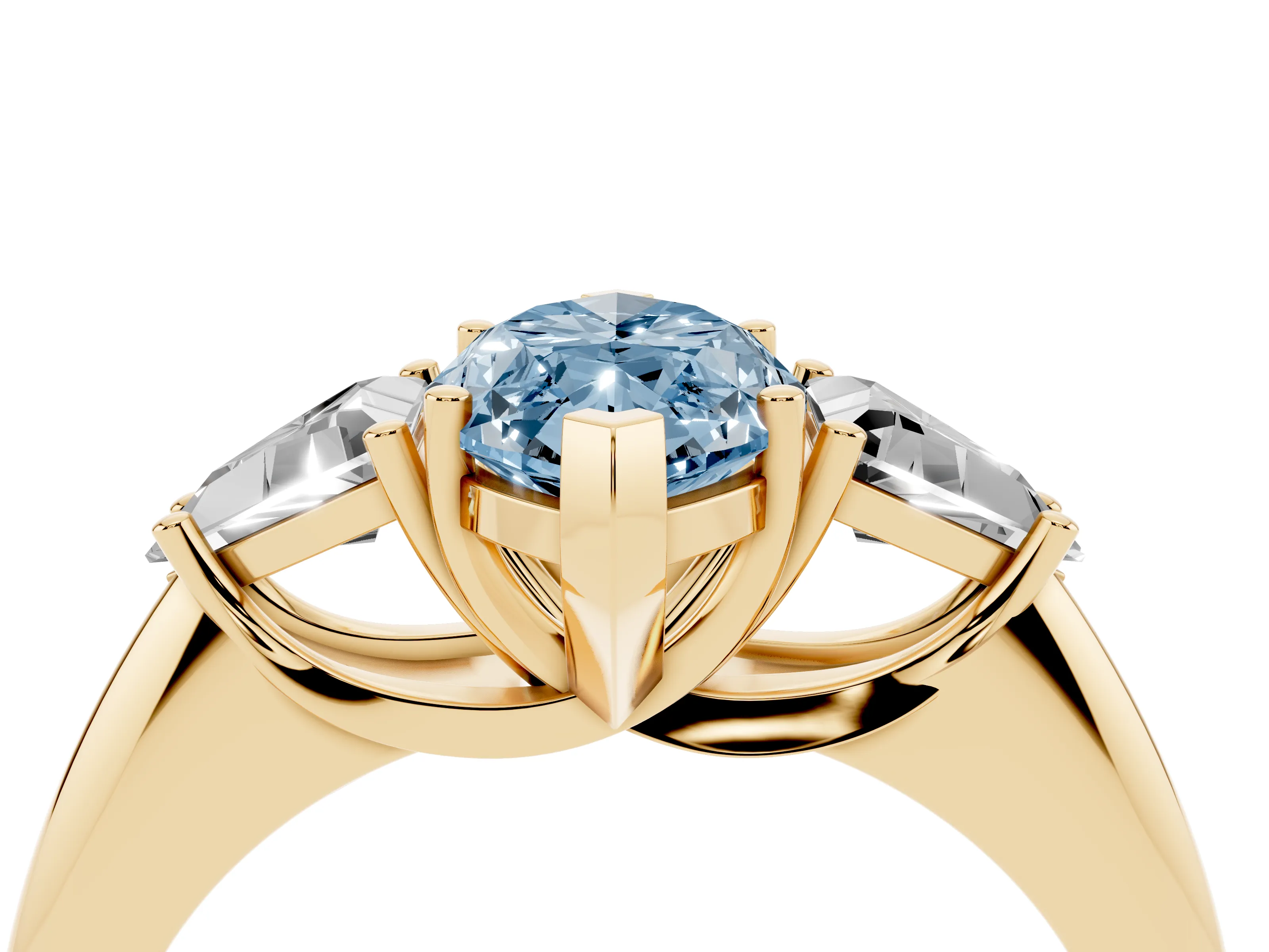 Fancy Blue Marquise Cut Diamond Three-Stone Engagement Ring Set in Yellow gold with Trillion Side Stones