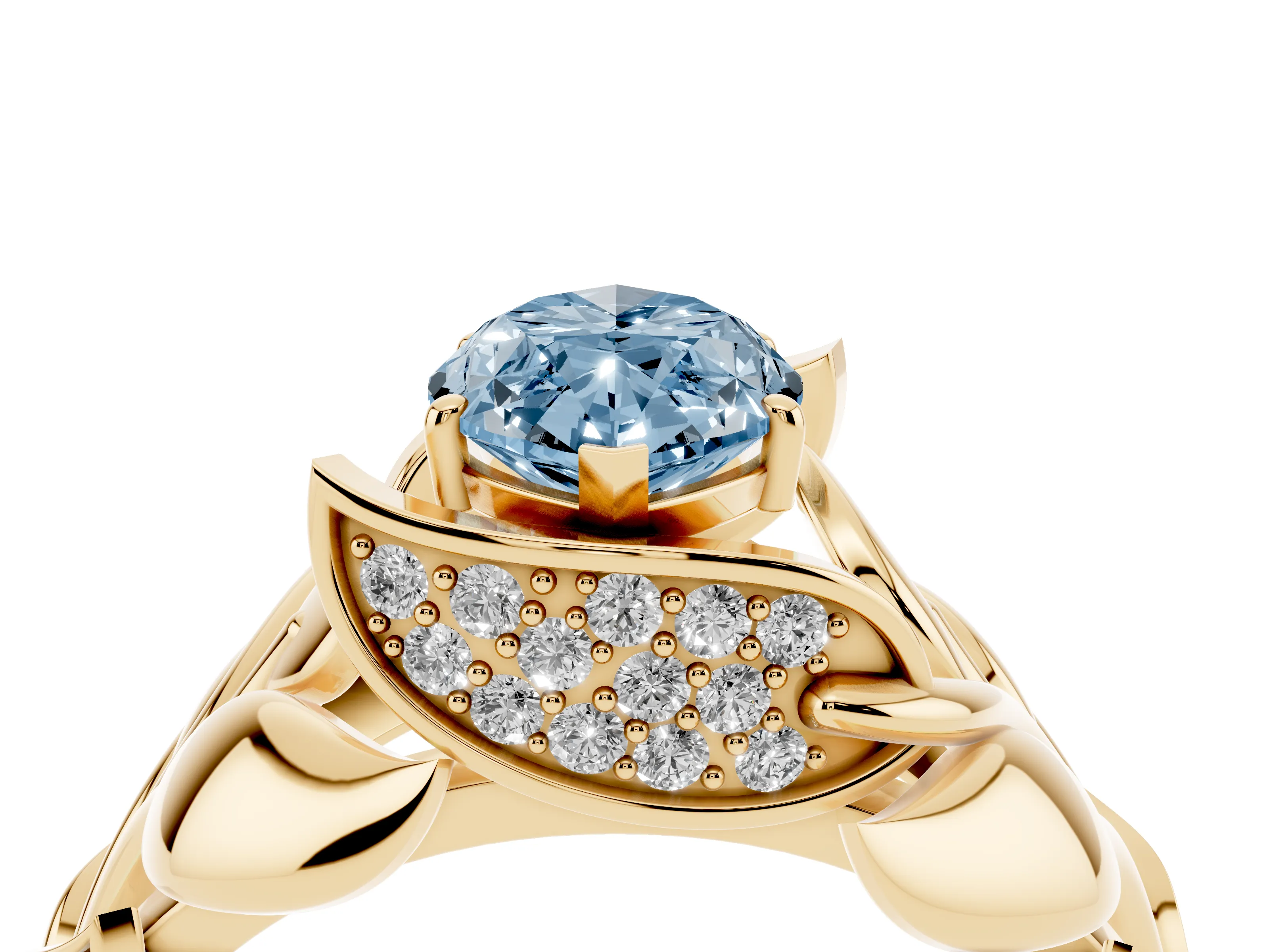 Fancy Blue Marquise Cut Diamond Leaf-Inspired Engagement Ring Set in Yellow gold with Round Accents