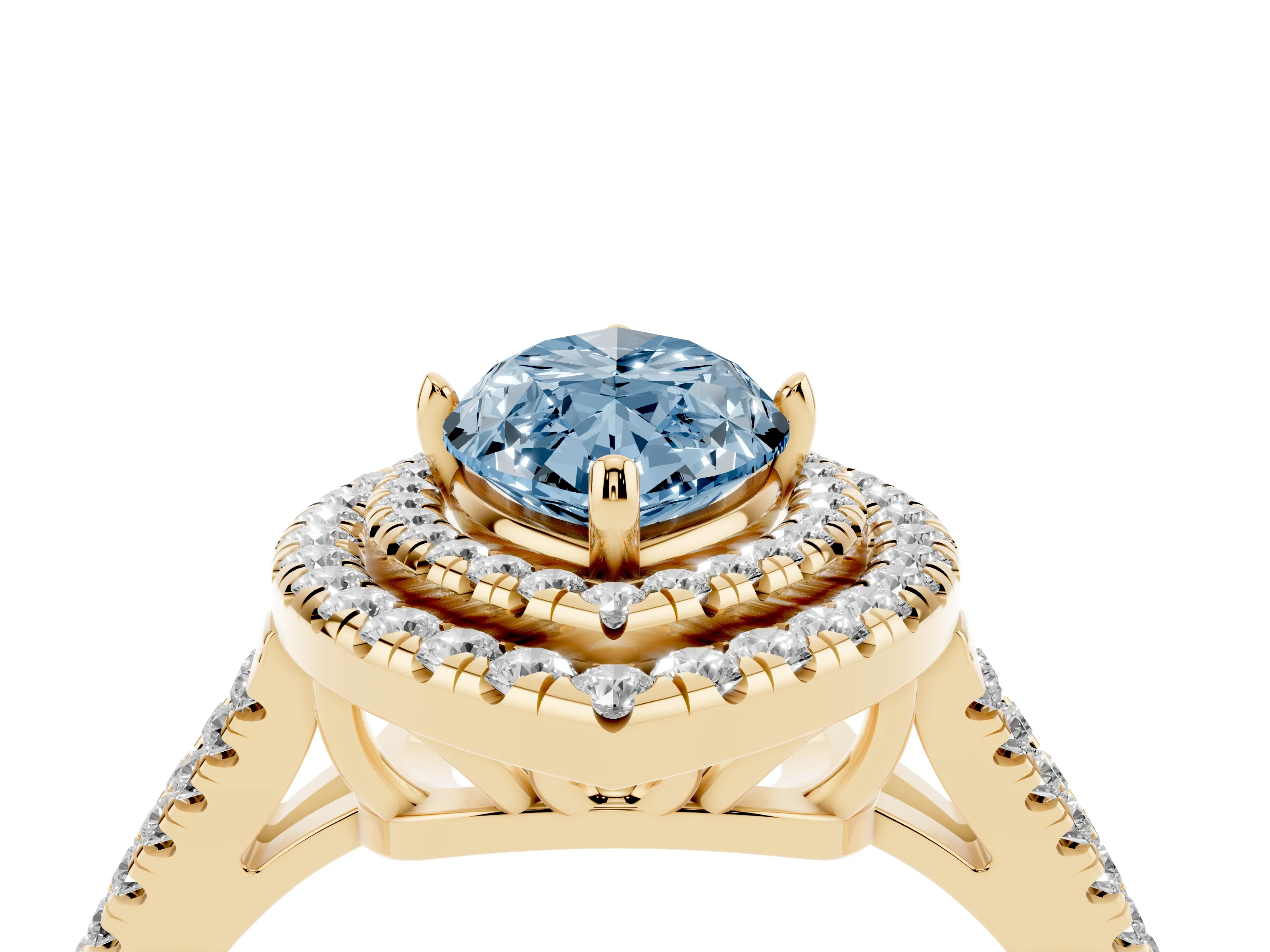 Fancy Blue Marquise Cut Diamond Double Halo Ring Set in Yellow gold with Pavé Band