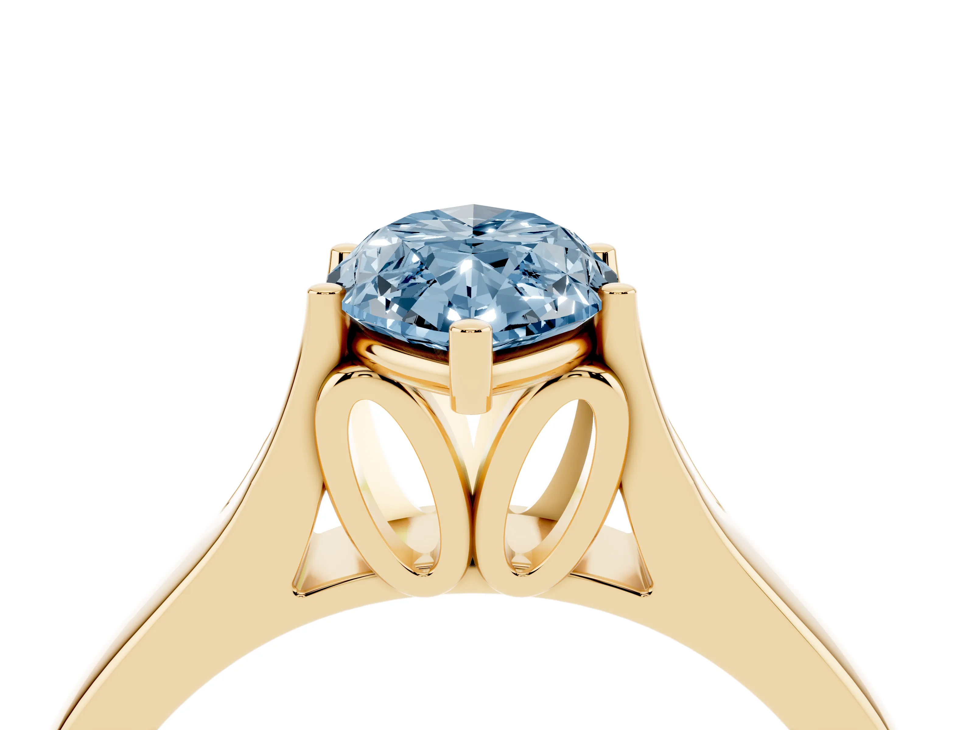 Fancy Blue Marquise Cut Diamond Solitaire Ring Set in Yellow gold with Arched Cathedral Band and Prong Setting