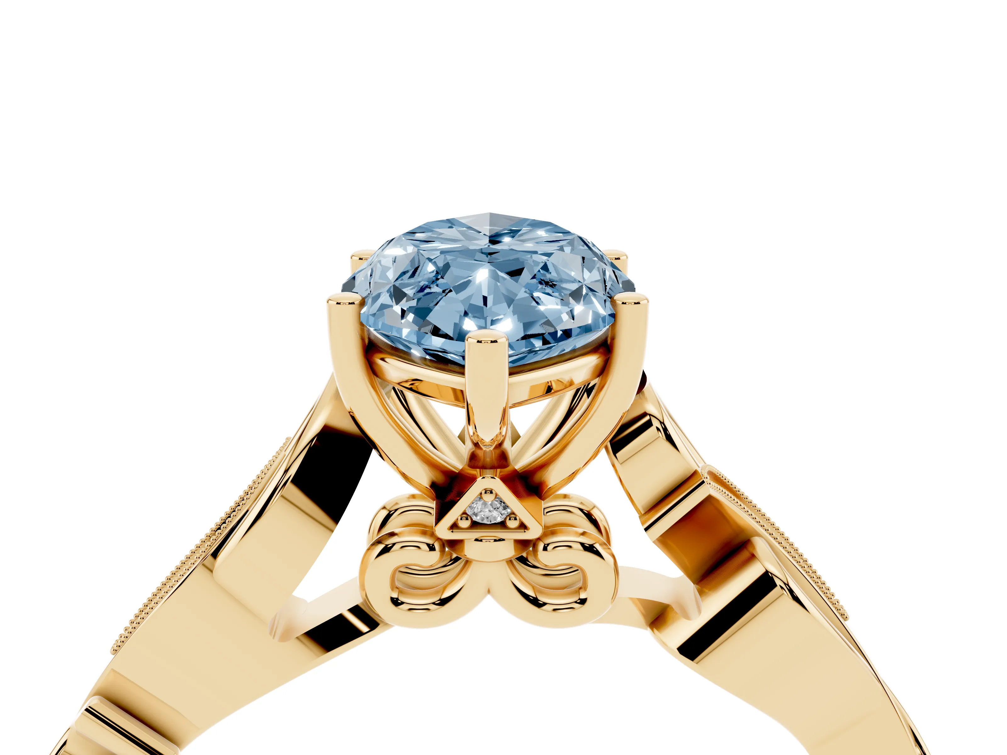 Fancy Blue Marquise Cut Diamond Vine Band Solitaire Ring Set in Yellow gold with Milgrain Prong Setting