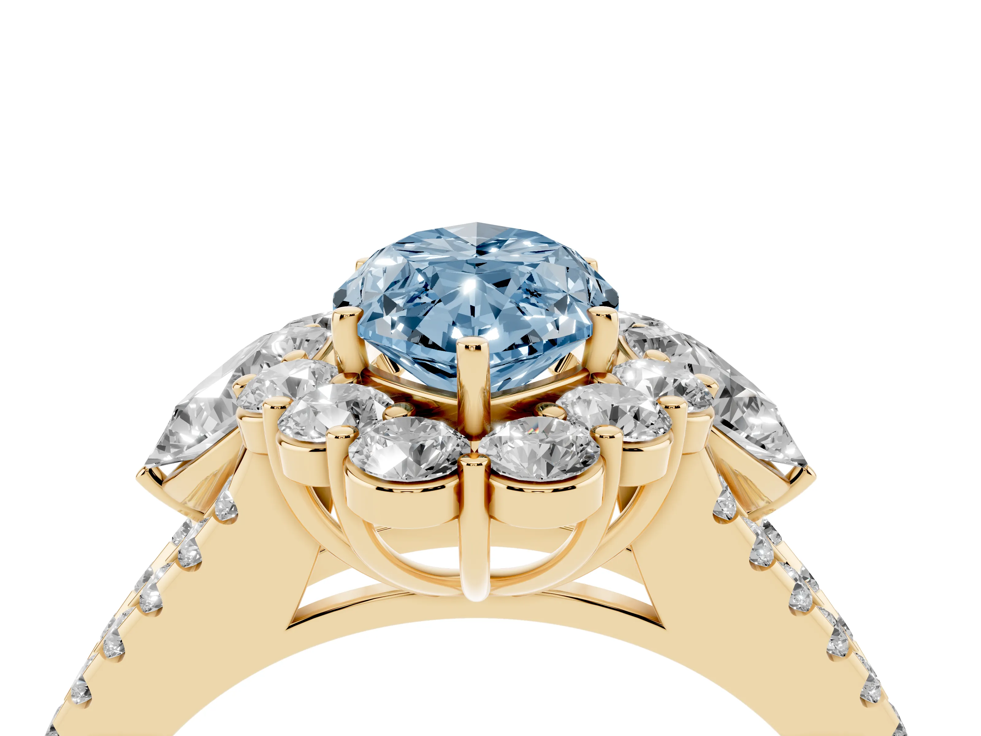 Fancy Blue Marquise Cut Diamond Halo Split Shank Engagement Ring Set in Yellow gold with Prong-Held Center Stone