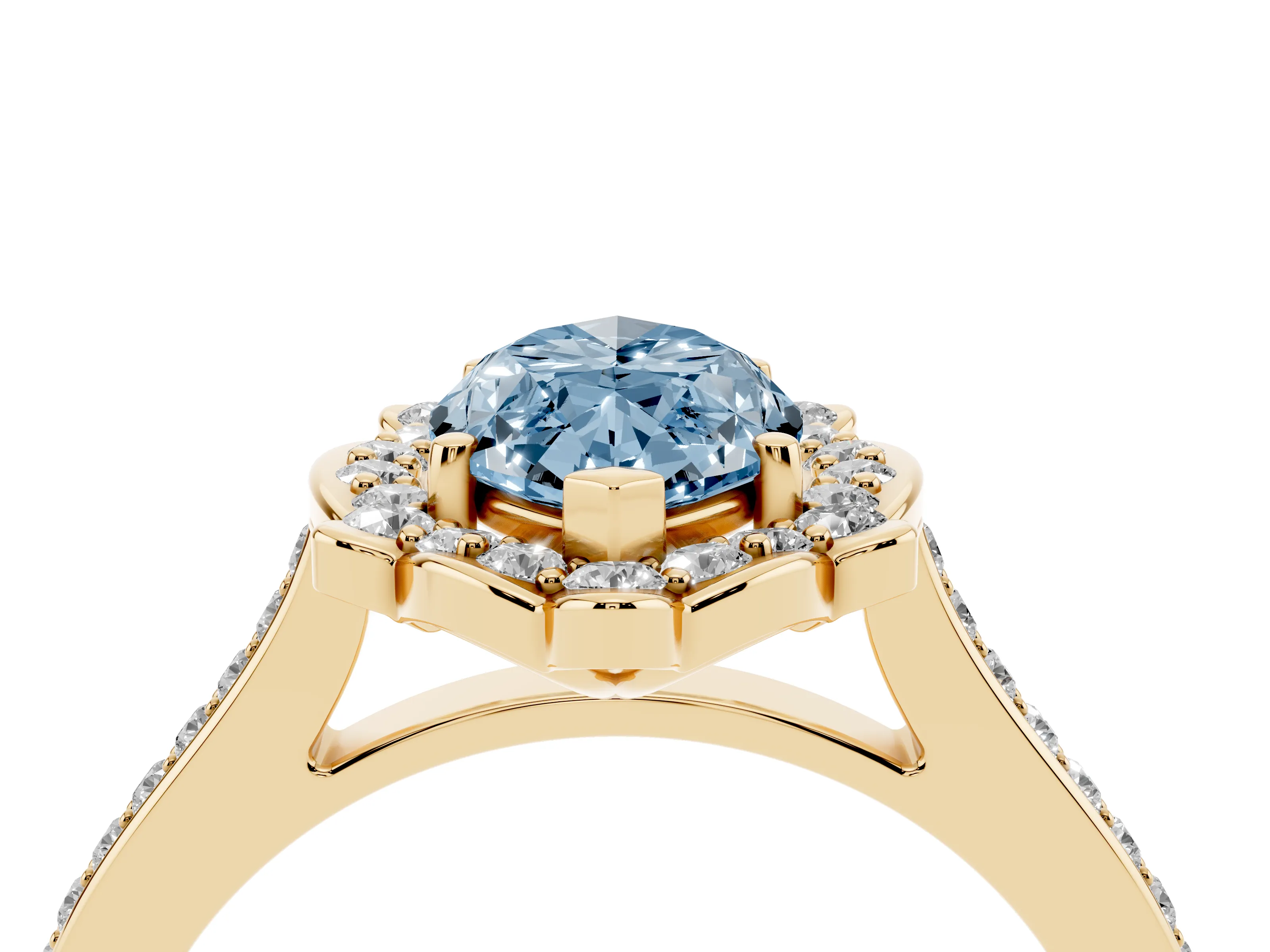 Fancy Blue Marquise Cut Diamond Halo Ring Set in Yellow gold with Pavé-Lined Shoulders and Prong Setting