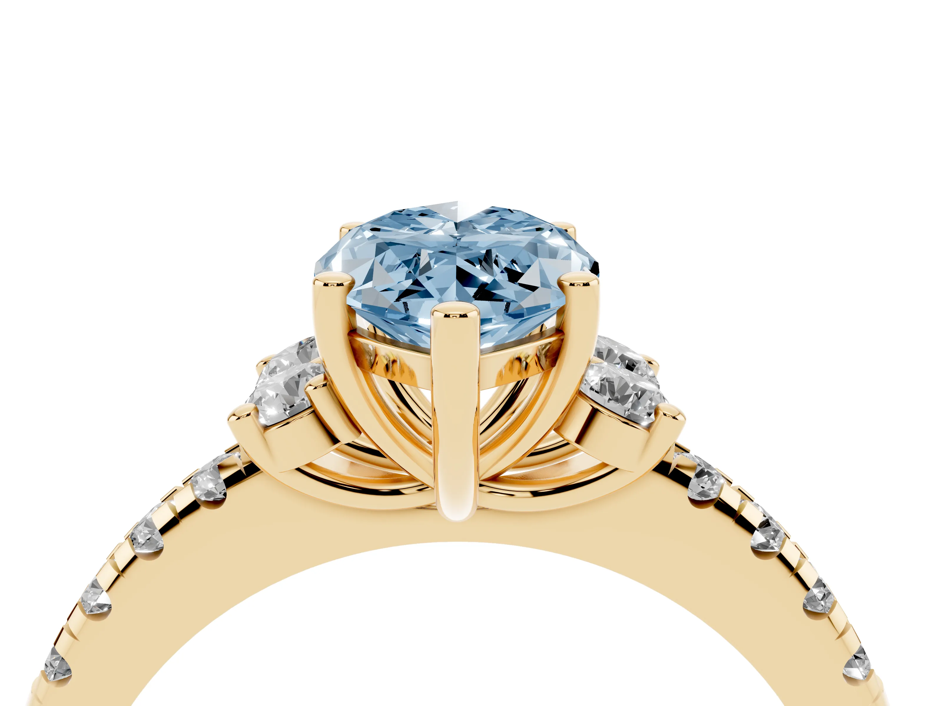Fancy Blue Marquise Cut Diamond Three-Stone Pavé Ring Set in Yellow gold with Prong Setting